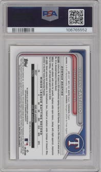 Yolfran Castillo from the 2024 Bowman Chrome set featuring a Gold Mini Diamond Refractor parallel graded by PSA and given an overall grade of 10.