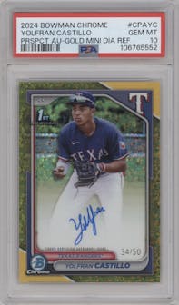 Yolfran Castillo from the 2024 Bowman Chrome set featuring a Gold Mini Diamond Refractor parallel graded by PSA and given an overall grade of 10.