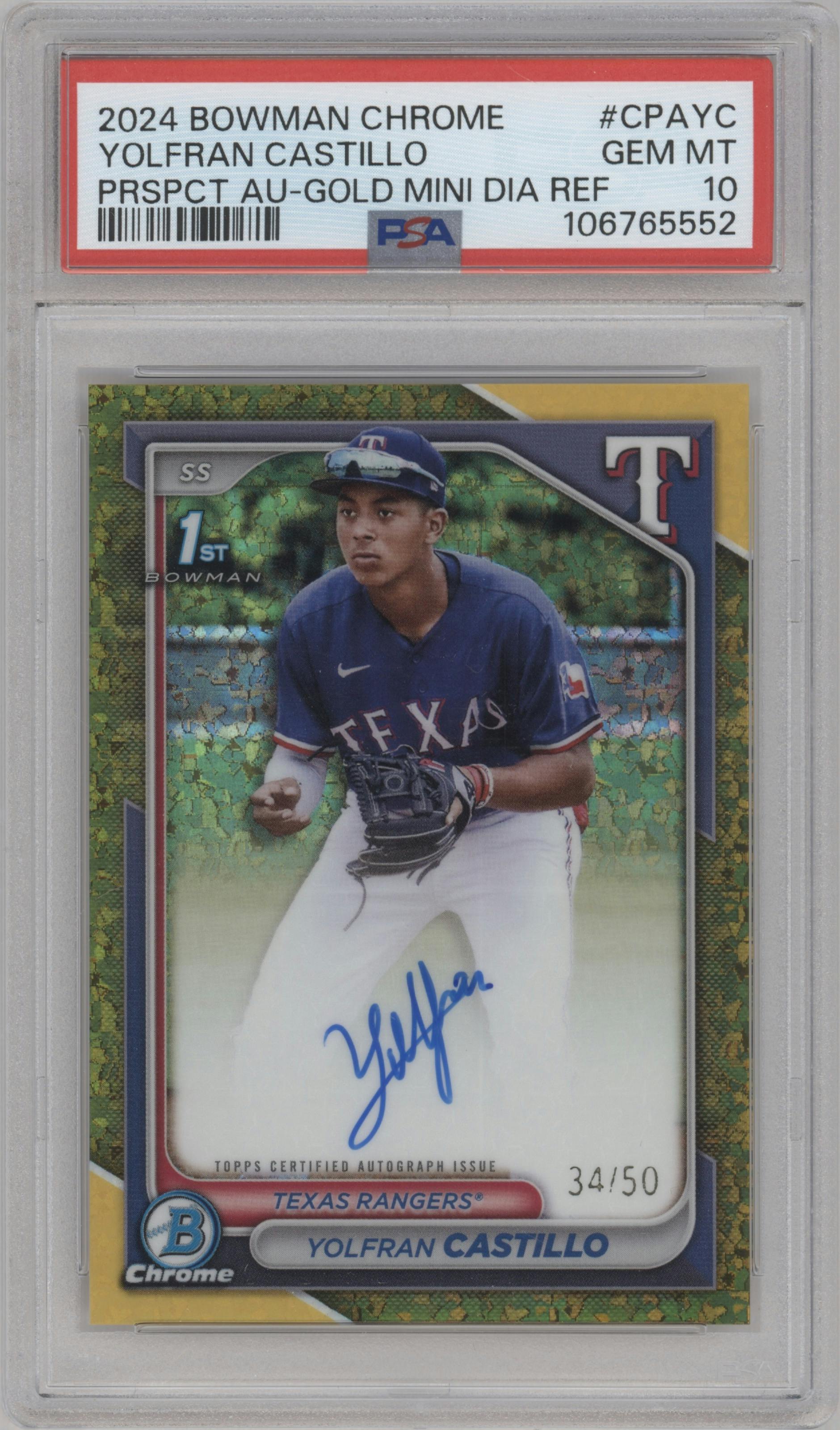 Yolfran Castillo from the 2024 Bowman Chrome set featuring a Gold Mini Diamond Refractor parallel graded by PSA and given an overall grade of 10.