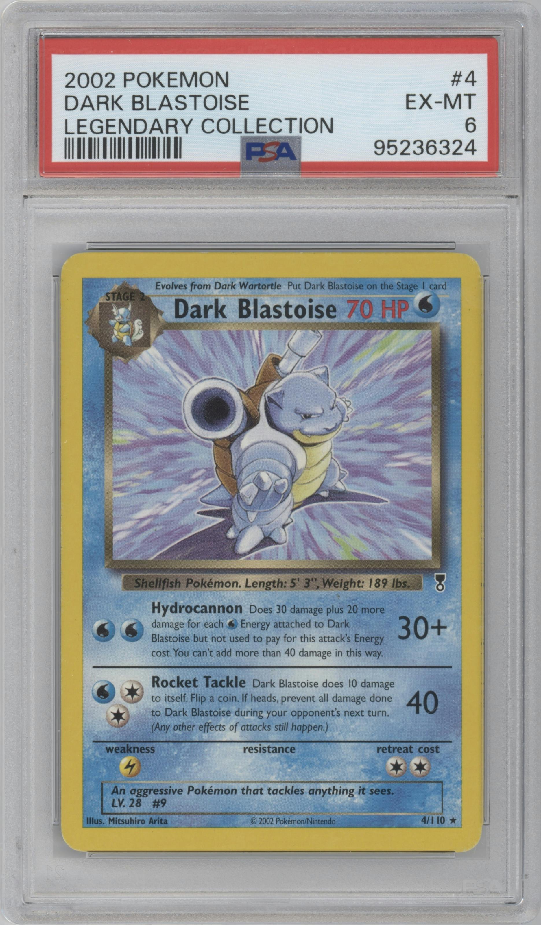 Dark Blastoise from the 2002 Pokemon  set graded by PSA and given an overall grade of 6.