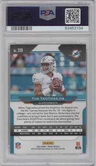 Tua Tagovailoa from the 2020 Panini Prizm set graded by PSA and given an overall grade of 10.