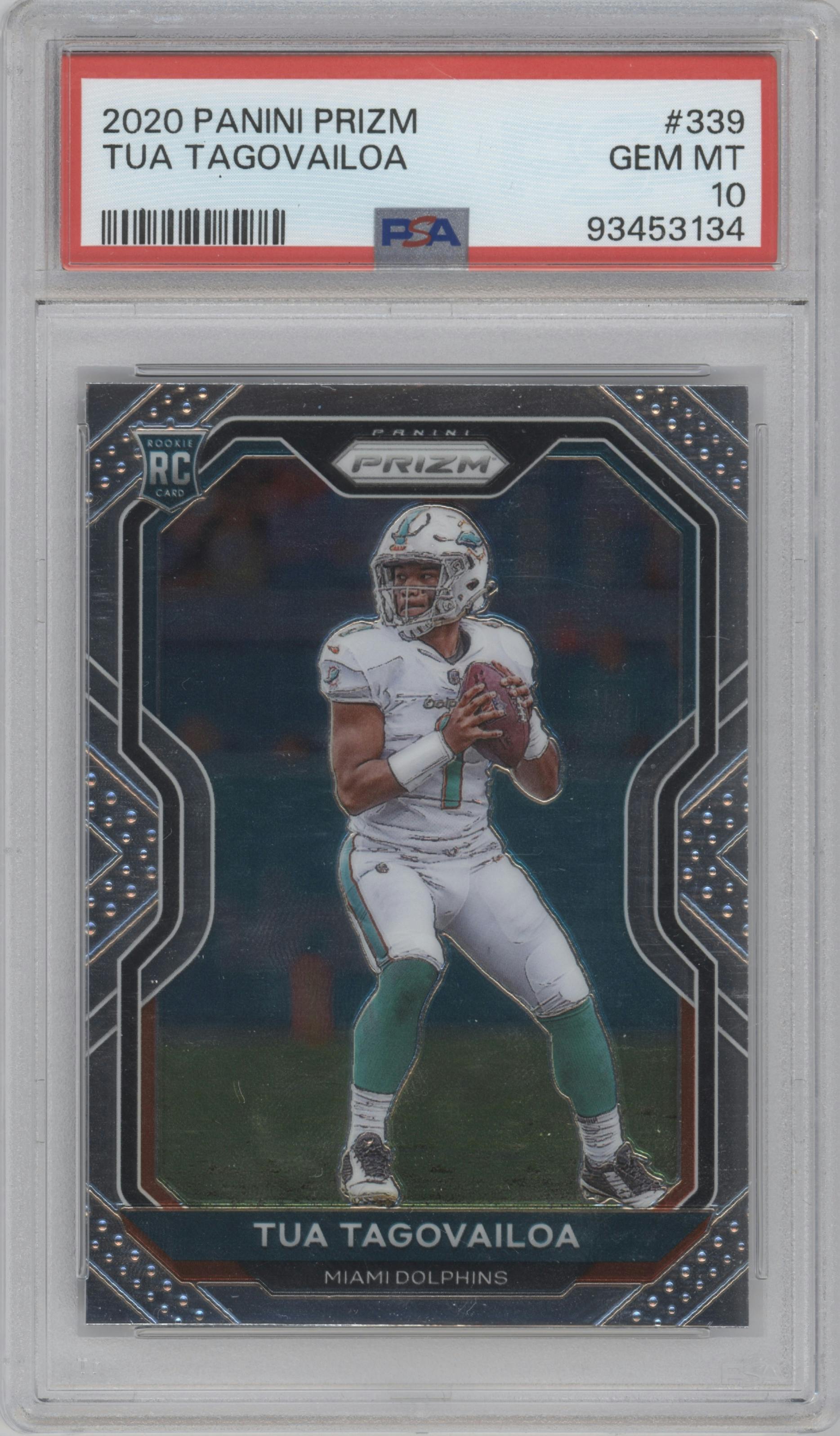 Tua Tagovailoa from the 2020 Panini Prizm set graded by PSA and given an overall grade of 10.