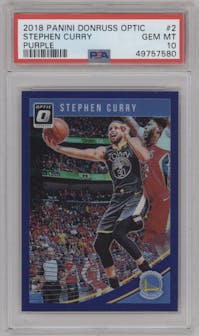 Stephen Curry from the 2018-19 Panini Donruss Optic set featuring a Purple parallel graded by PSA and given an overall grade of 10.