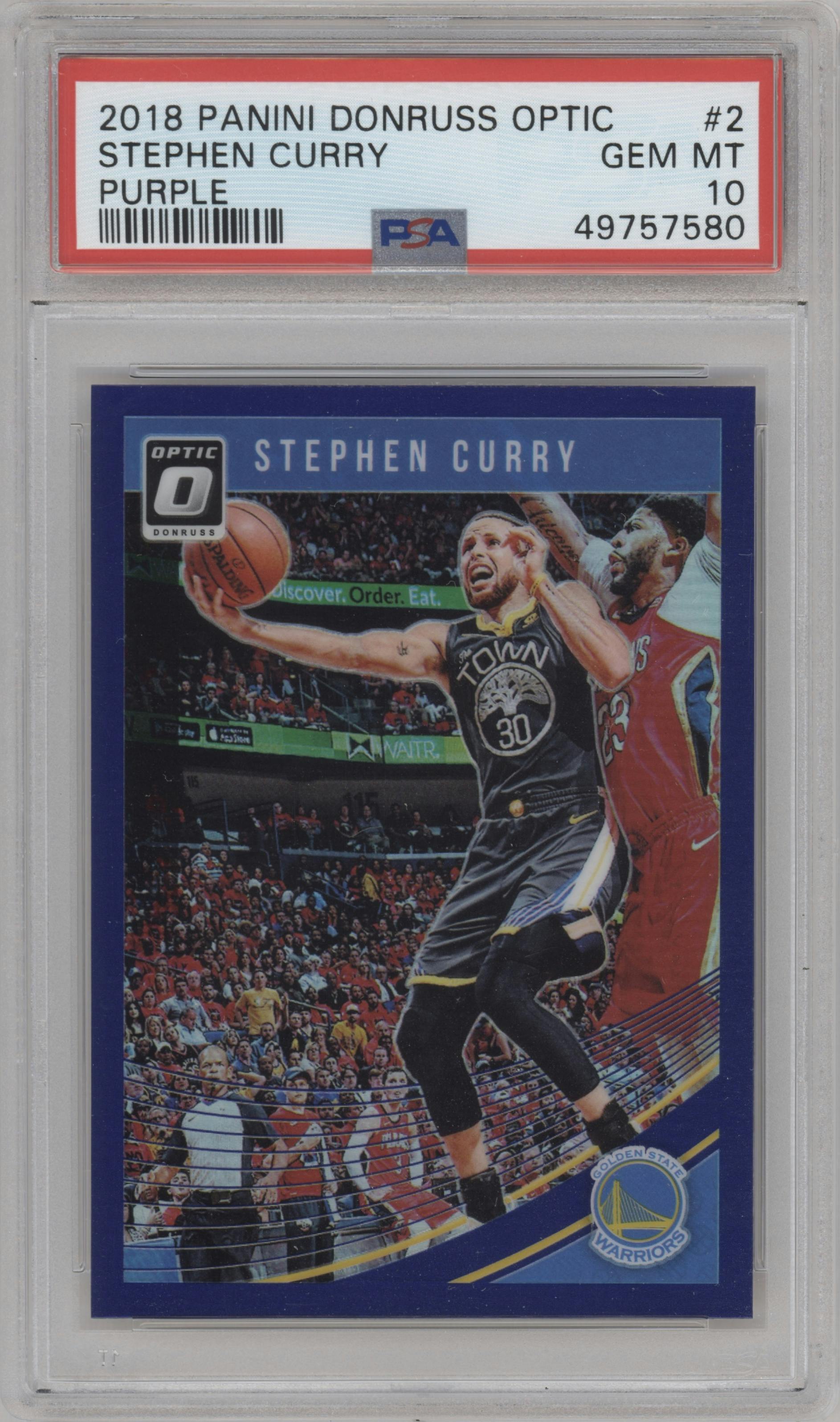 Stephen Curry from the 2018-19 Panini Donruss Optic set featuring a Purple parallel graded by PSA and given an overall grade of 10.