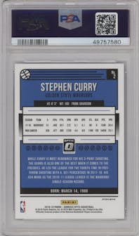Stephen Curry from the 2018-19 Panini Donruss Optic set featuring a Purple parallel graded by PSA and given an overall grade of 10.
