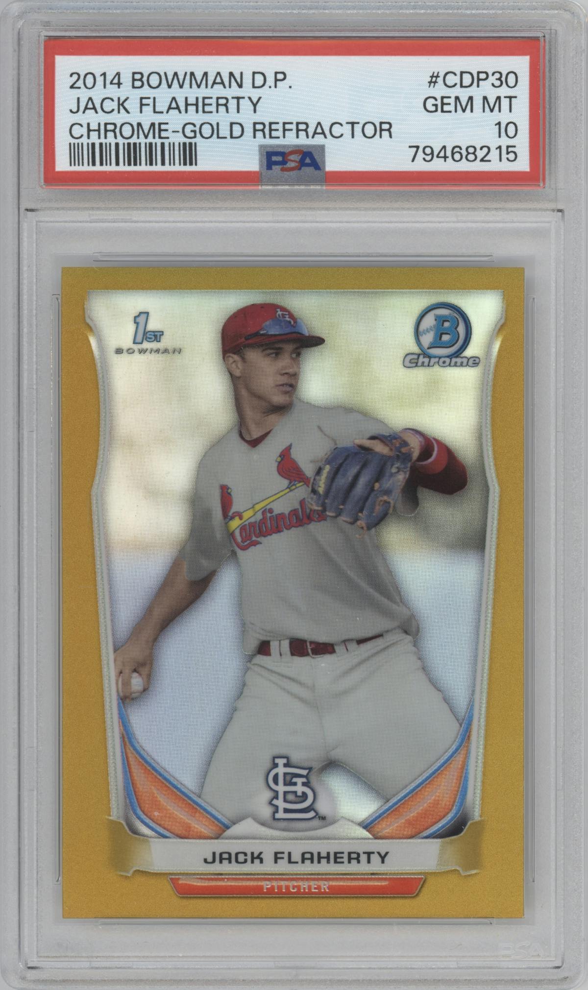 Jack Flaherty from the 2014 Bowman Draft  set featuring a Gold Refractor parallel graded by PSA and given an overall grade of 10.