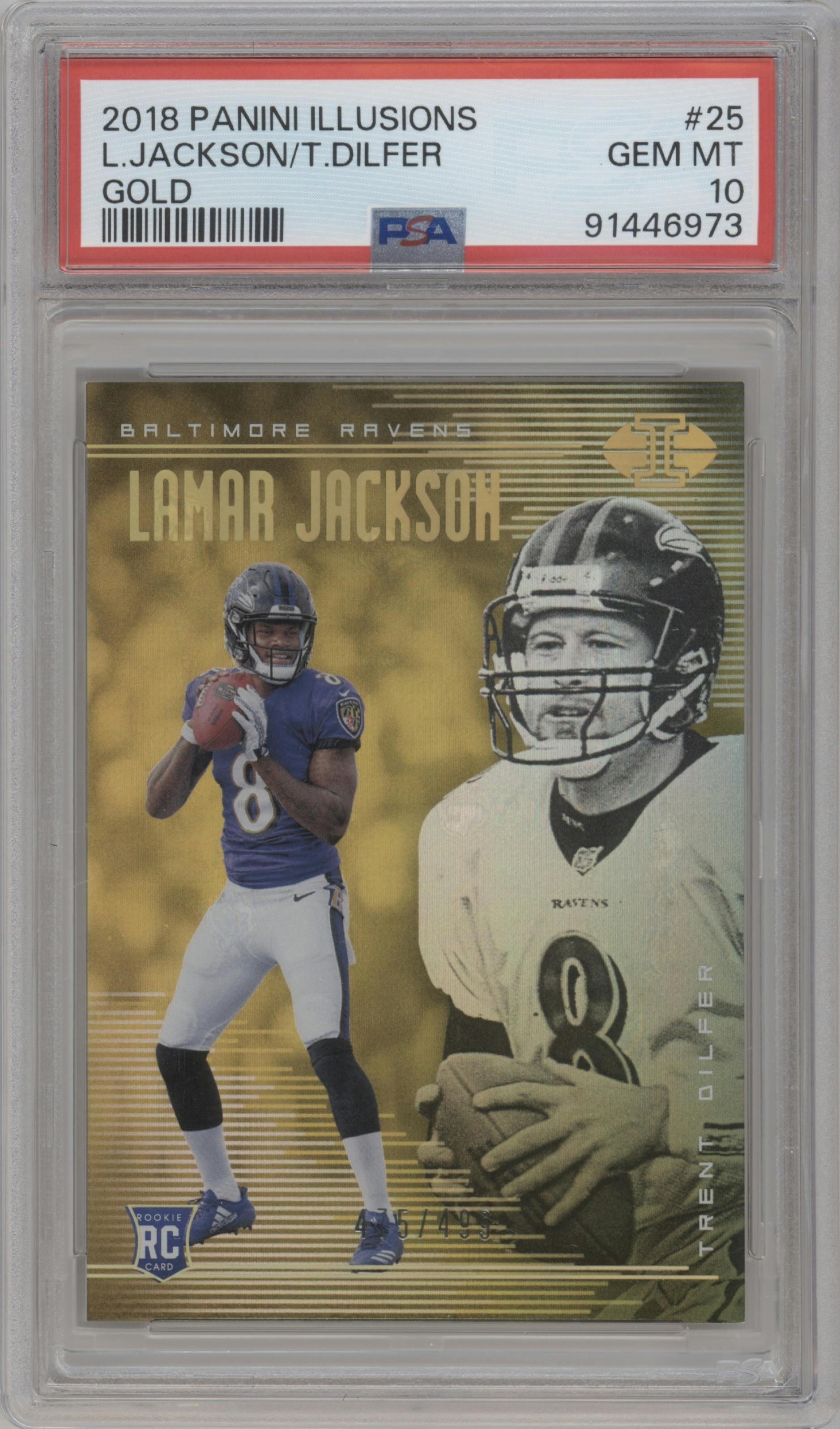 Lamar Jackson/Trent Dilfer from the 2018 Panini Illusions set featuring a Trophy Collection Gold parallel graded by PSA and given an overall grade of 10.