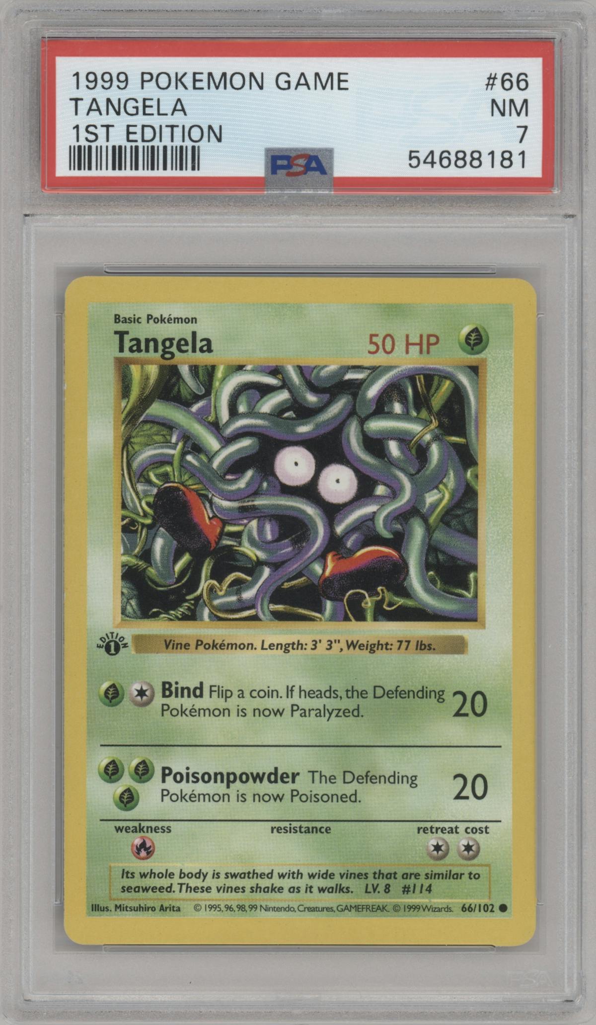 Tangela from the 1999 Pokemon set graded by PSA and given an overall grade of 7.