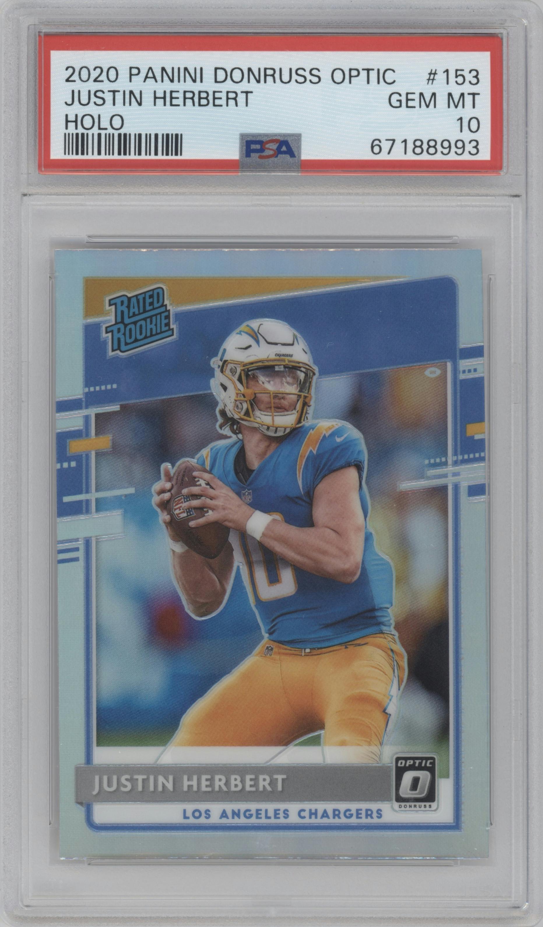 Justin Herbert from the 2020 Panini Donruss Optic set featuring a Holo parallel graded by PSA and given an overall grade of 10.