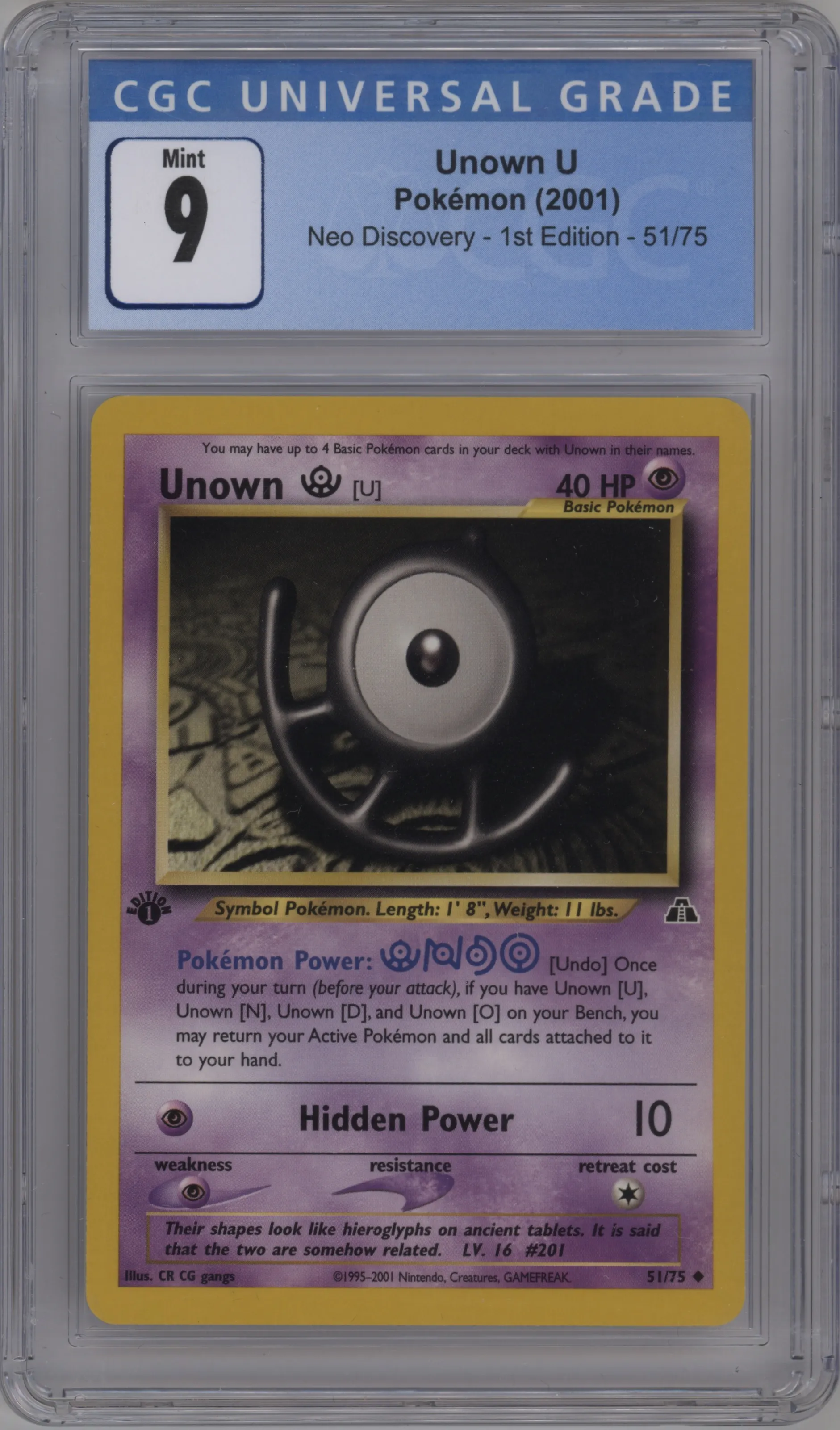 2001 Pokemon Neo Genesis Neo Discovery Unown U #51 CGC 9