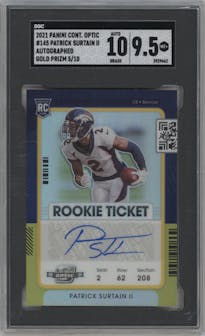 Patrick Surtain II from the 2021 Panini Contenders Optic set featuring a Gold parallel graded by SGC and given an overall grade of 9.5.