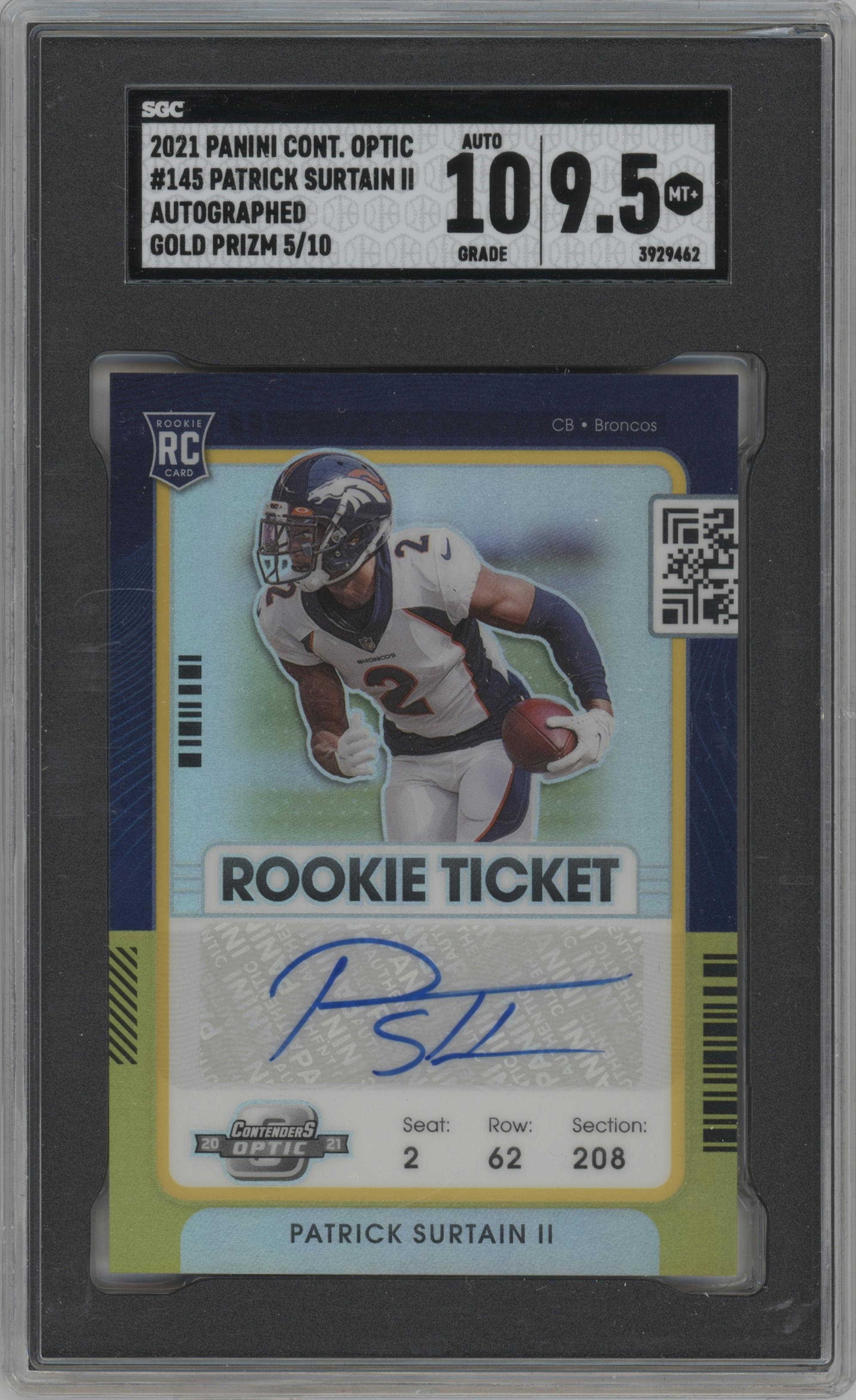 Patrick Surtain II from the 2021 Panini Contenders Optic set featuring a Gold parallel graded by SGC and given an overall grade of 9.5.