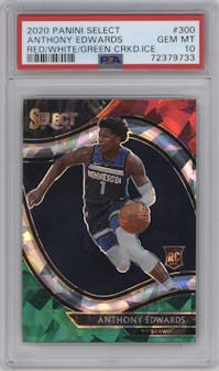 Anthony Edwards from the 2021-22 Panini Select set featuring a Red/White/Green Cracked Ice parallel graded by PSA and given an overall grade of 10.