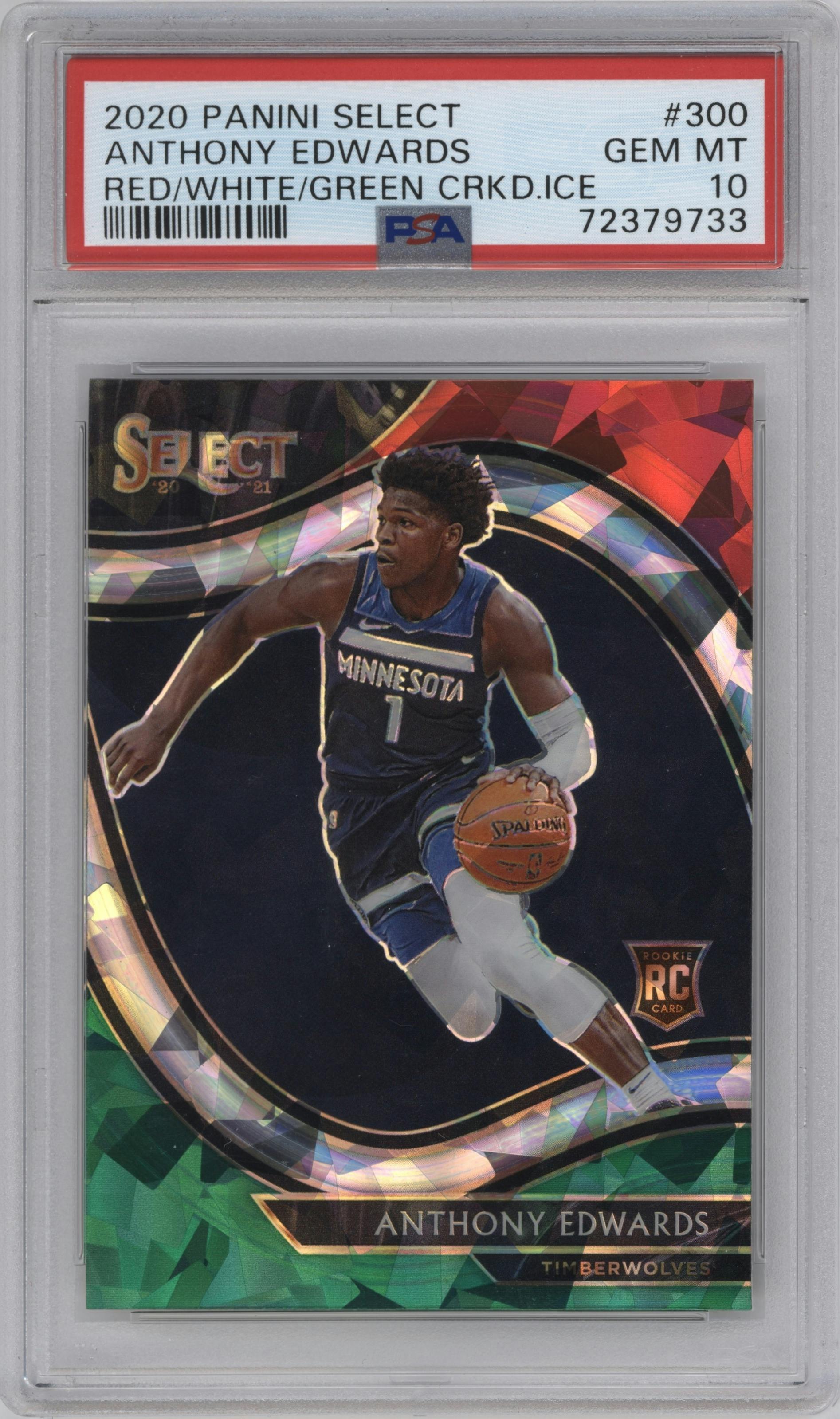 Anthony Edwards from the 2021-22 Panini Select set featuring a Red/White/Green Cracked Ice parallel graded by PSA and given an overall grade of 10.