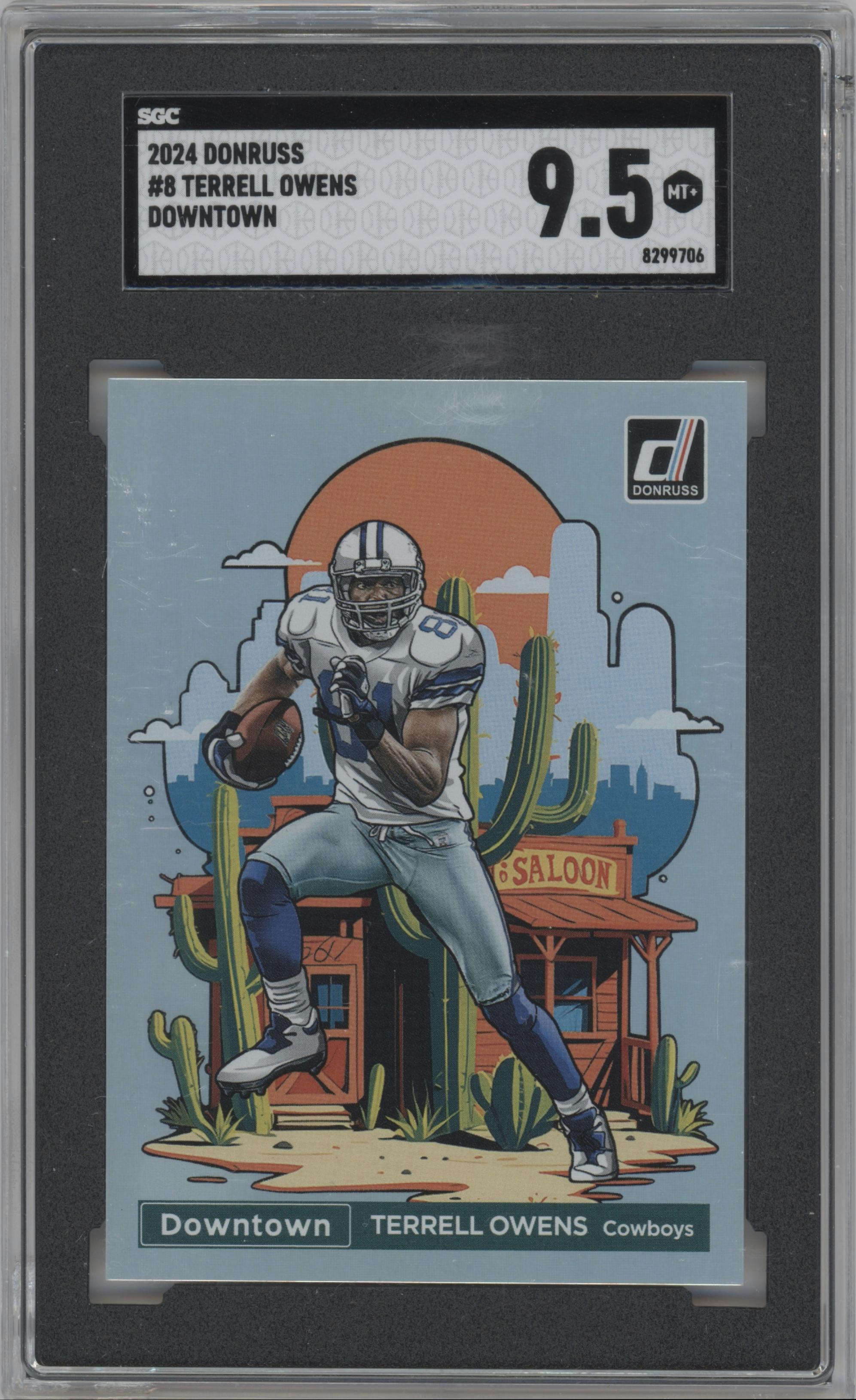 Terrell Owens from the 2024 Donruss set graded by SGC and given an overall grade of 9.5.