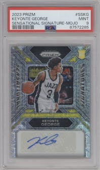Keyonte George from the 2023-24 Panini Prizm set featuring a Mojo Prizm parallel graded by PSA and given an overall grade of 9.