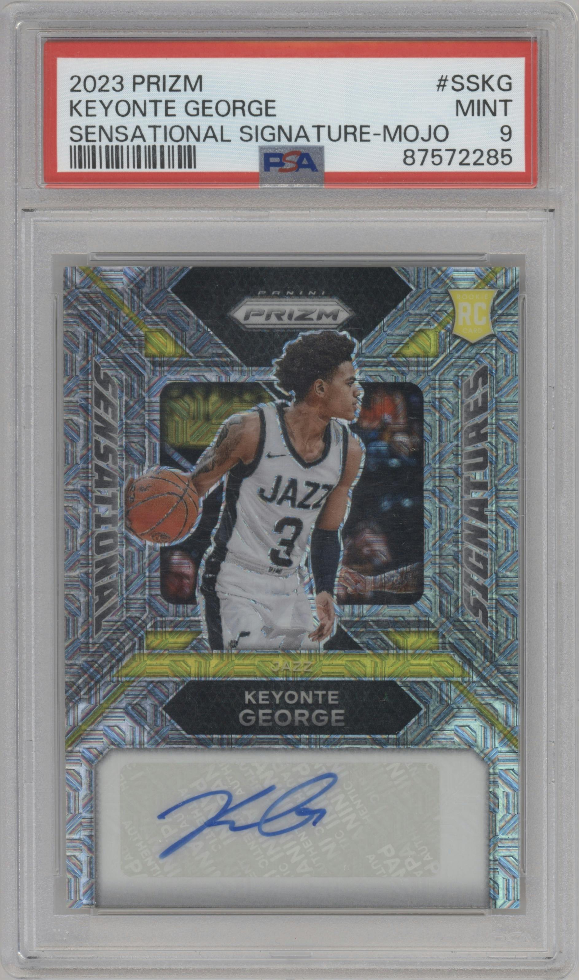 Keyonte George from the 2023-24 Panini Prizm set featuring a Mojo Prizm parallel graded by PSA and given an overall grade of 9.
