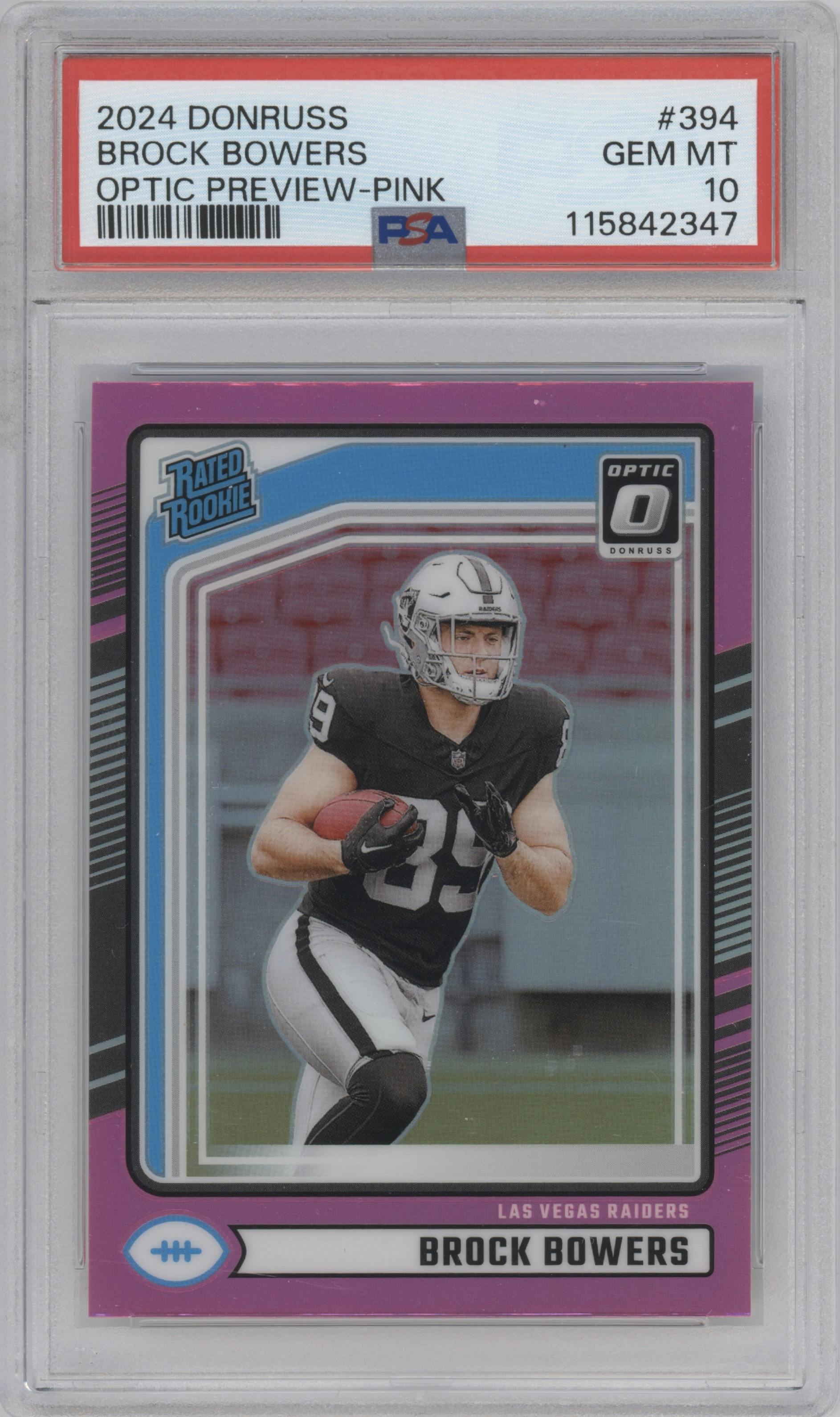 Brock Bowers from the 2024 Donruss set featuring a Pink parallel graded by PSA and given an overall grade of 10.