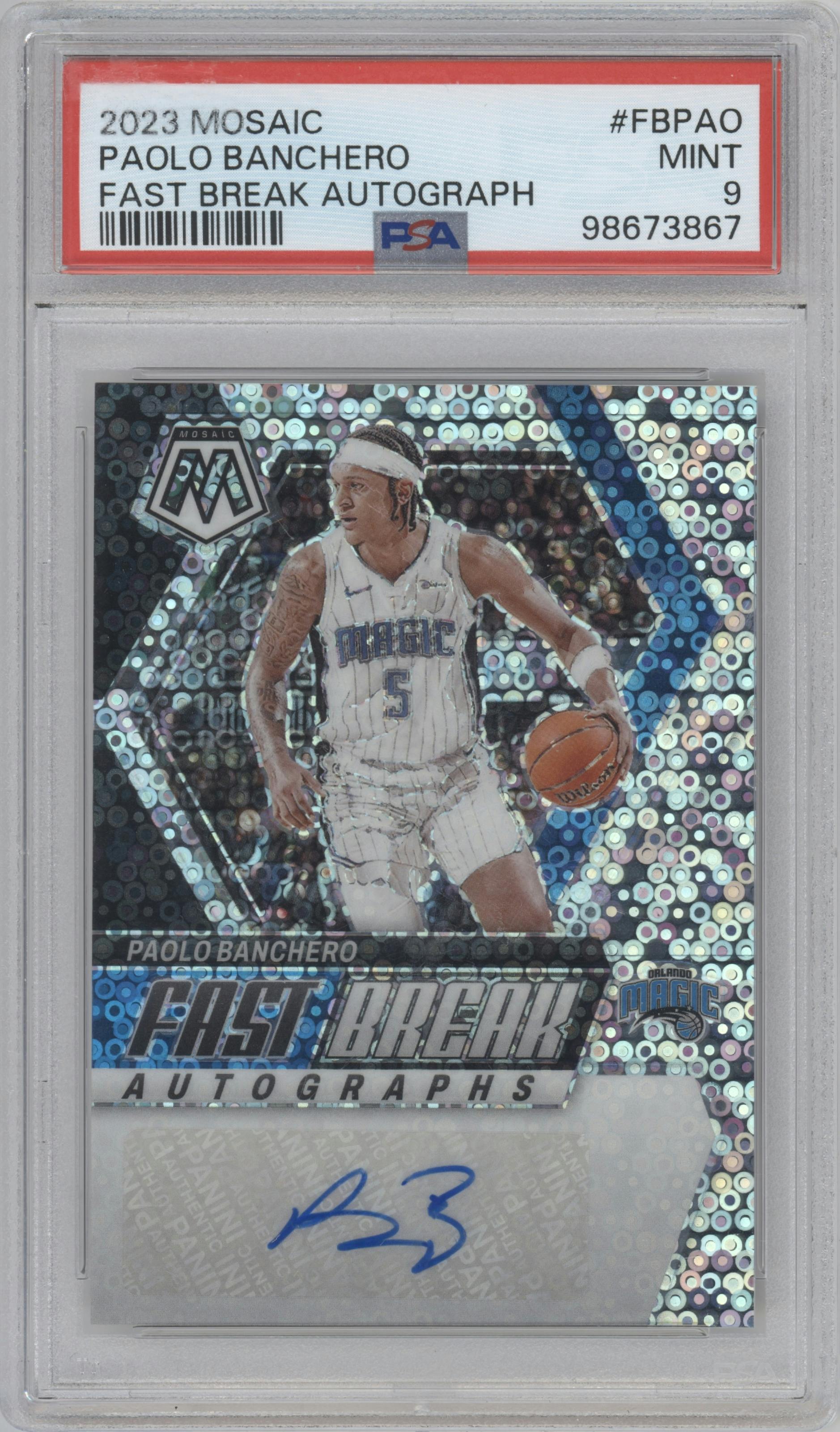 Paolo Banchero from the 2023-24 Panini Mosaic set graded by PSA and given an overall grade of 9.