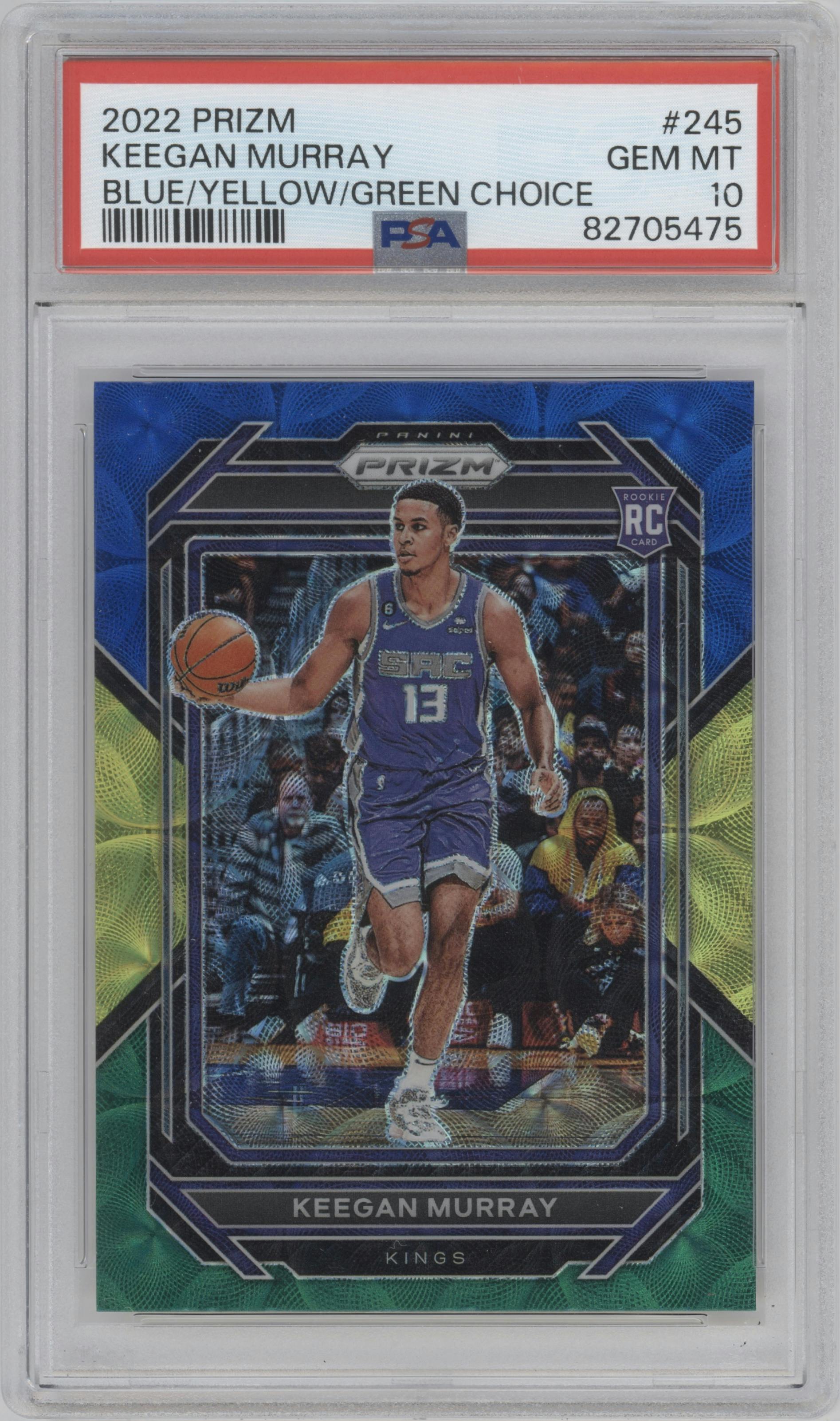Keegan Murray from the 2022-23 Panini Prizm  set featuring a Choice Blue/Yellow/Green parallel graded by PSA and given an overall grade of 10.