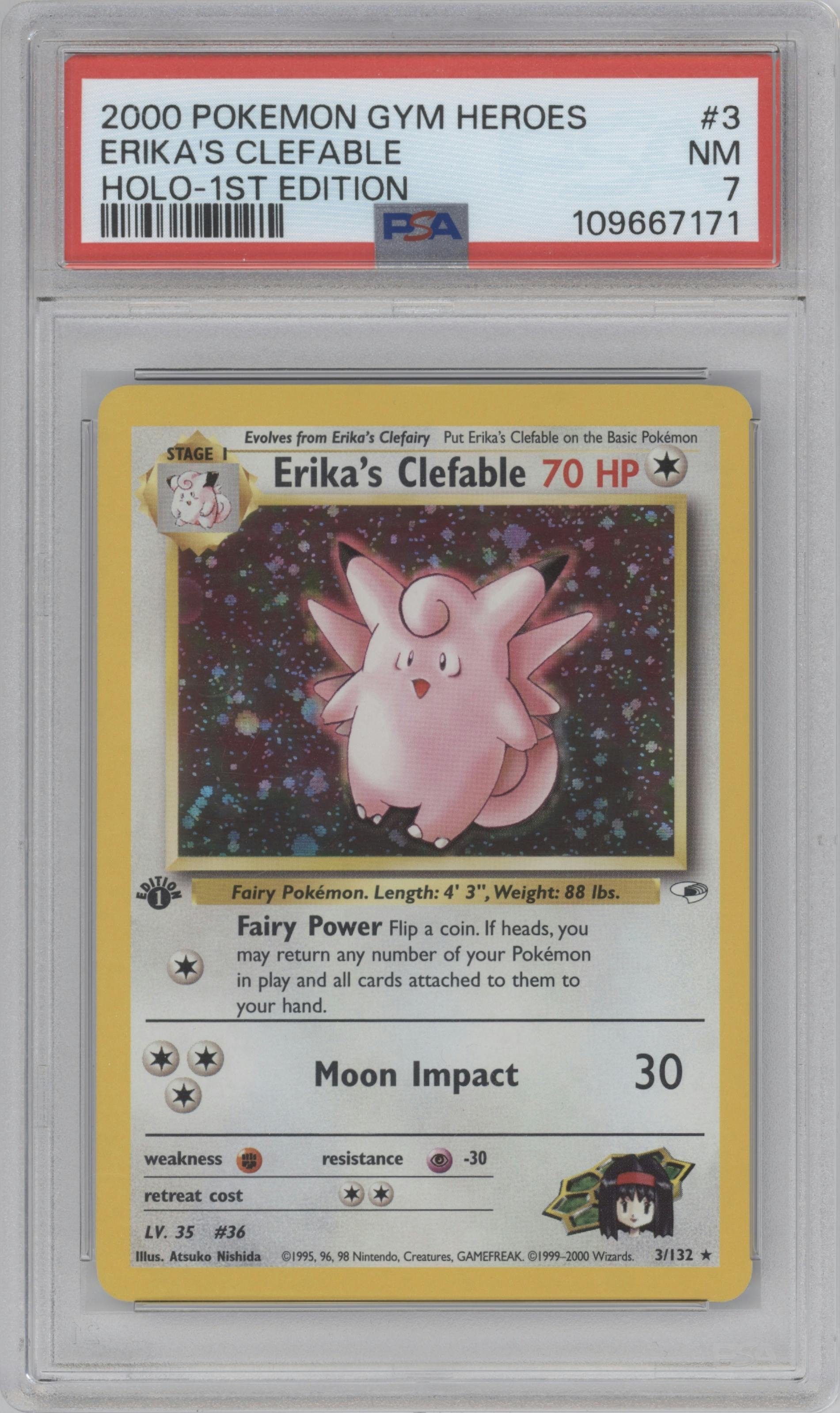 Erika's Clefable from the 2000 Pokemon GH set graded by PSA and given an overall grade of 7.