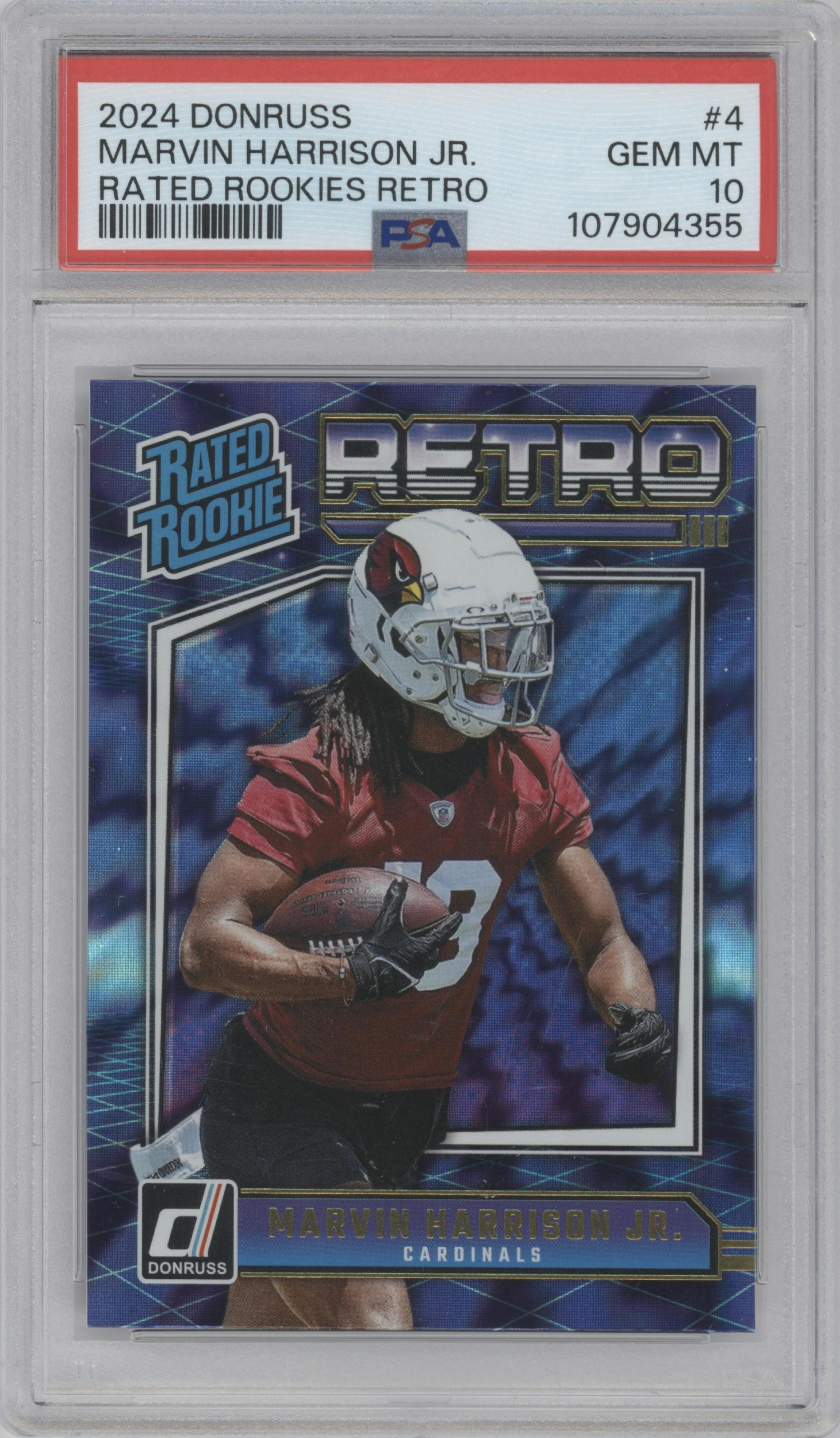 Marvin Harrison Jr. from the 2024 Donruss set graded by PSA and given an overall grade of 10.