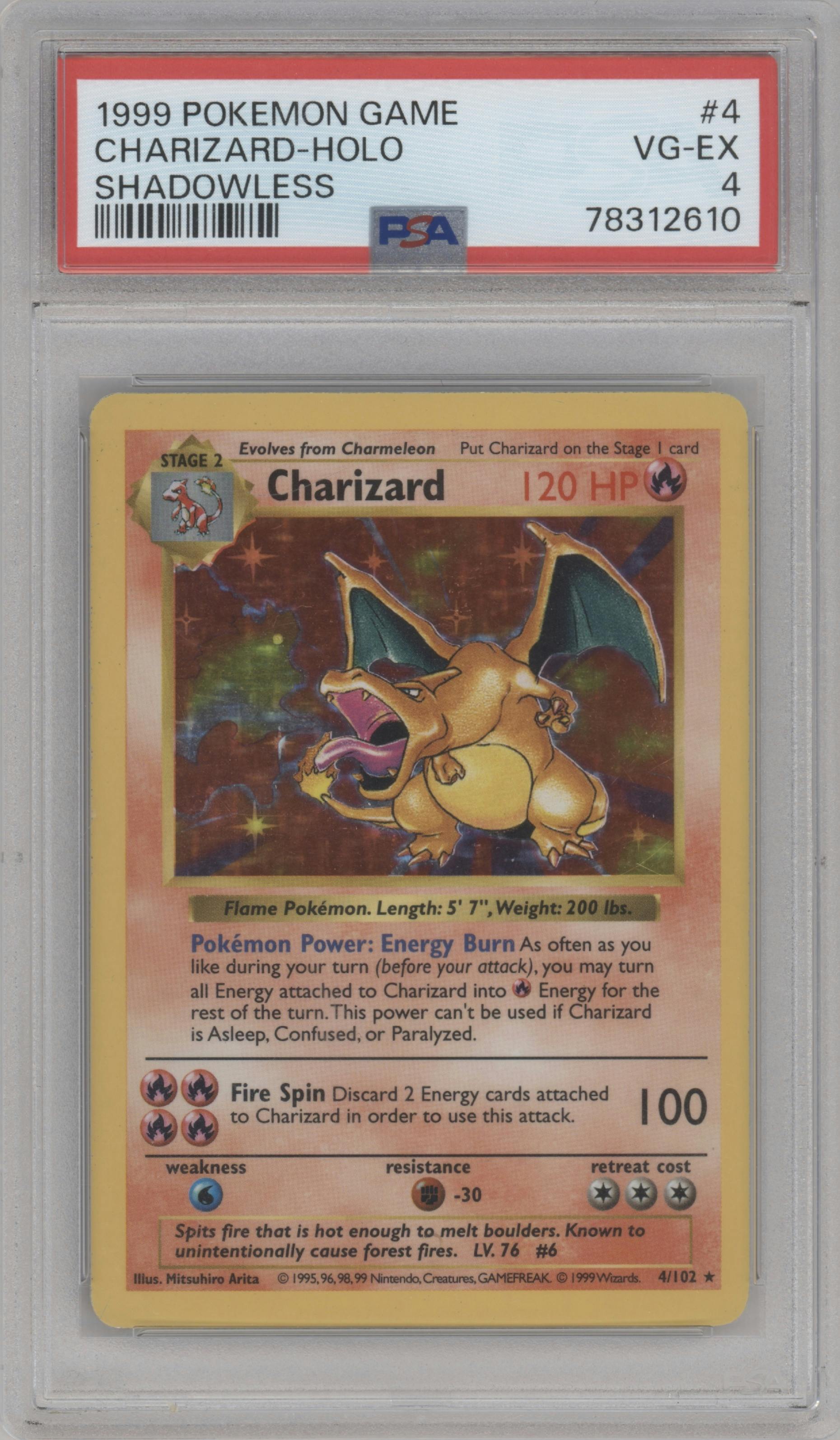 Charizard from the 1999 Pokemon set graded by PSA and given an overall grade of 4.