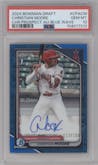 Christian Moore from the 2024 Bowman Draft set featuring a Blue Wave Refractor parallel graded by PSA and given an overall grade of 10.