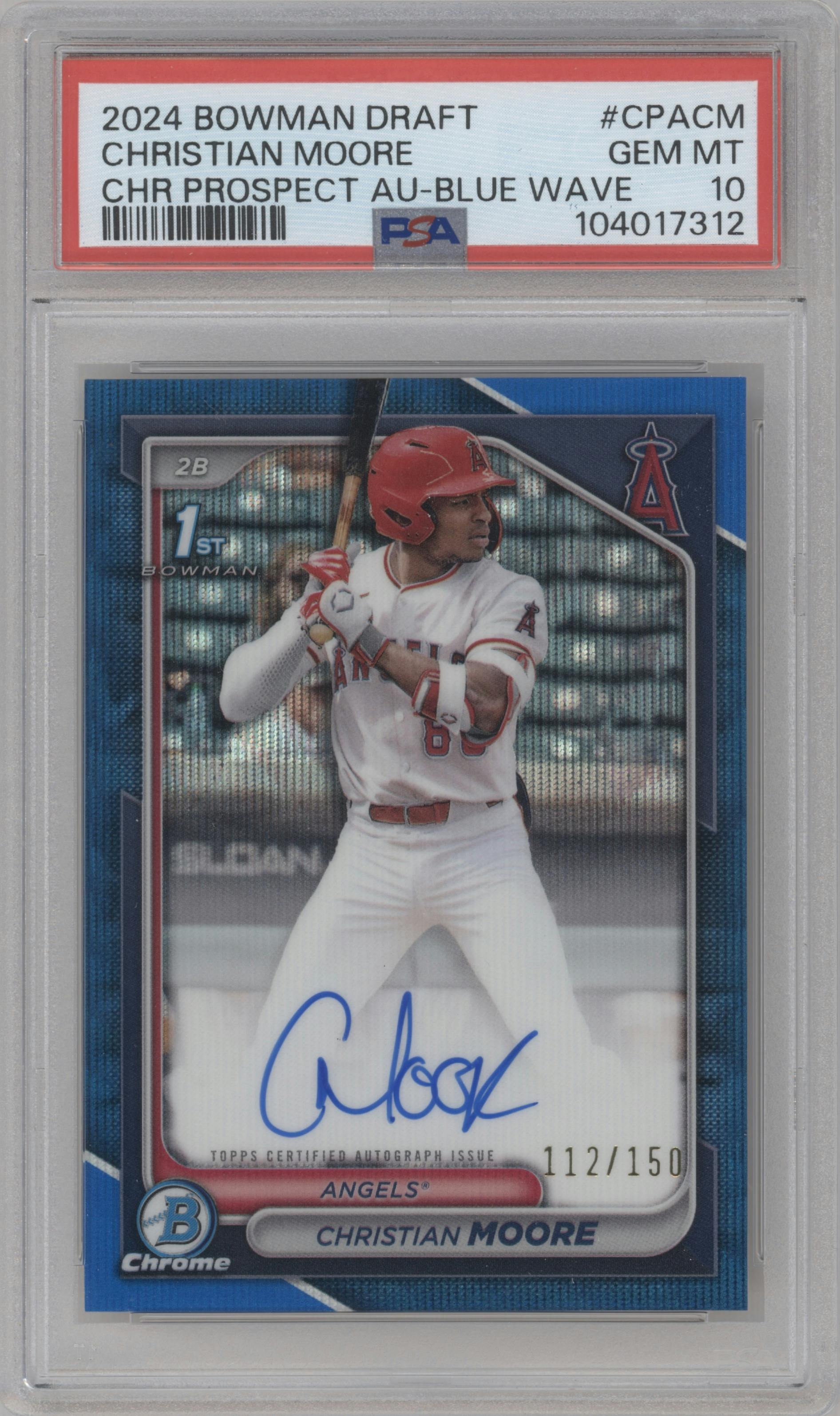 Christian Moore from the 2024 Bowman Draft set featuring a Blue Wave Refractor parallel graded by PSA and given an overall grade of 10.