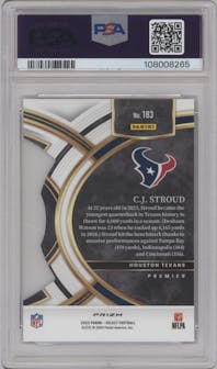 C.J. Stroud from the 2023 Panini Select set featuring a Die-Cut Red/Blue parallel graded by PSA and given an overall grade of 10.