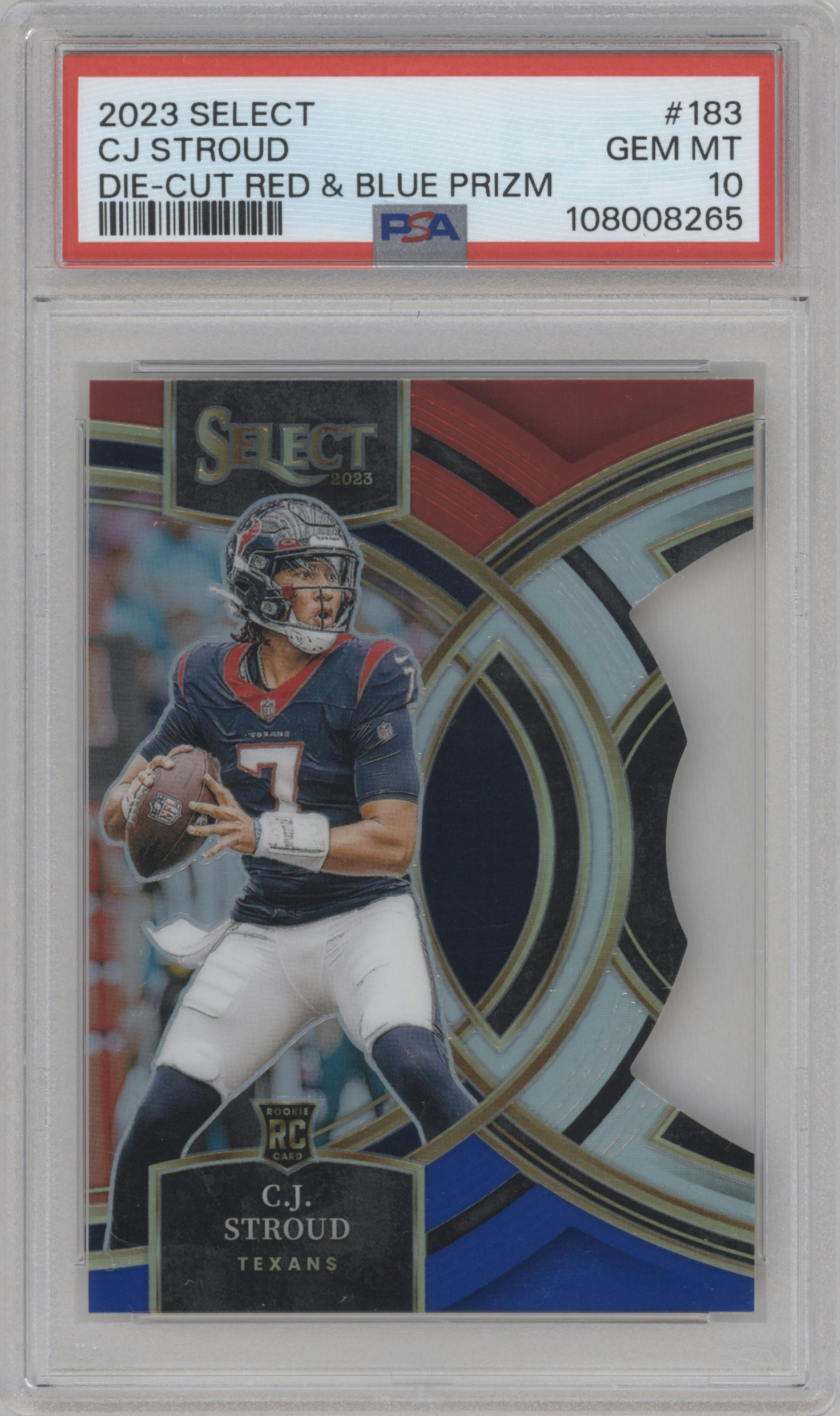 C.J. Stroud from the 2023 Panini Select set featuring a Die-Cut Red/Blue parallel graded by PSA and given an overall grade of 10.