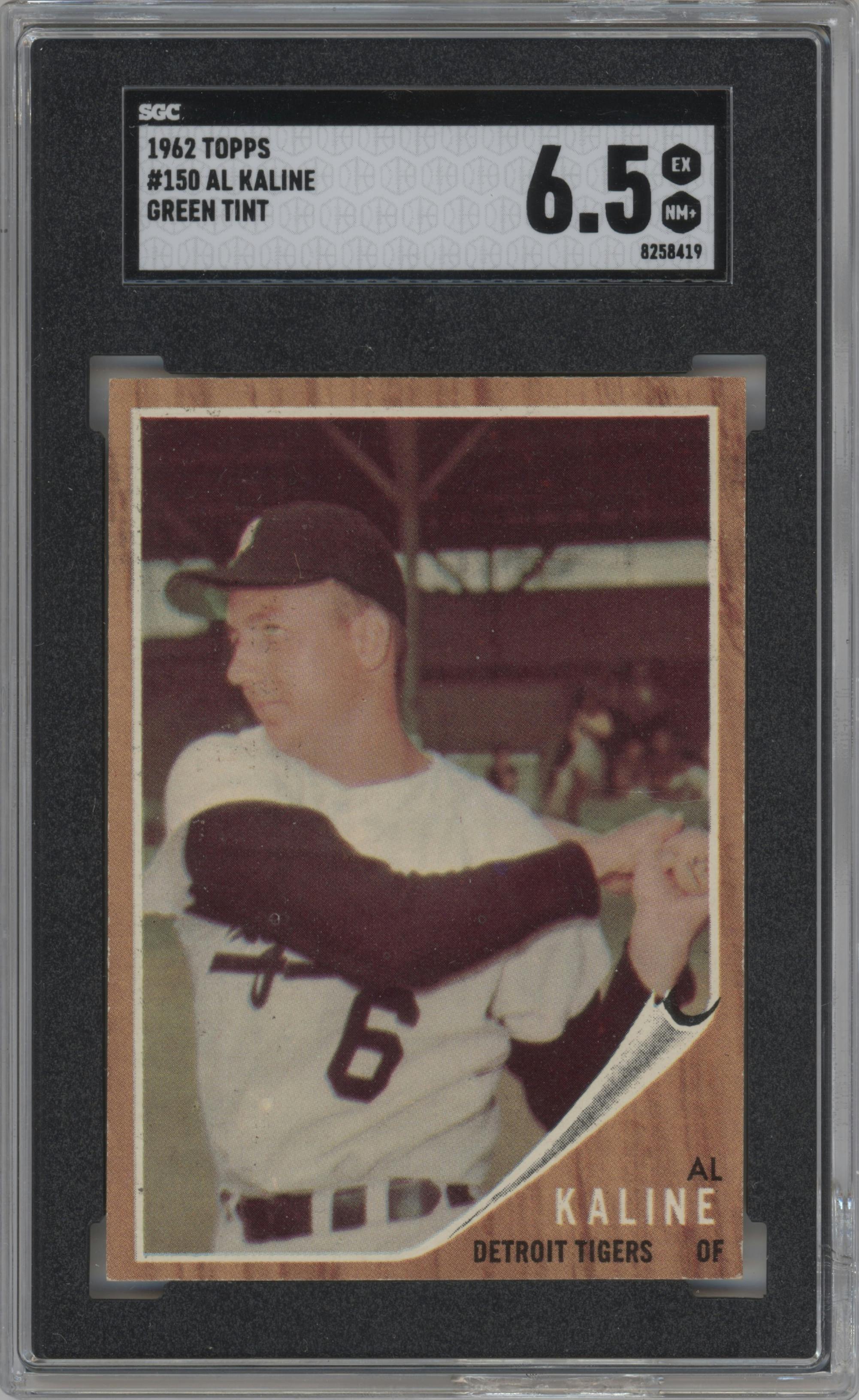 Al Kaline from the 1962 Topps set featuring a Green Tint parallel graded by SGC and given an overall grade of 6.5.