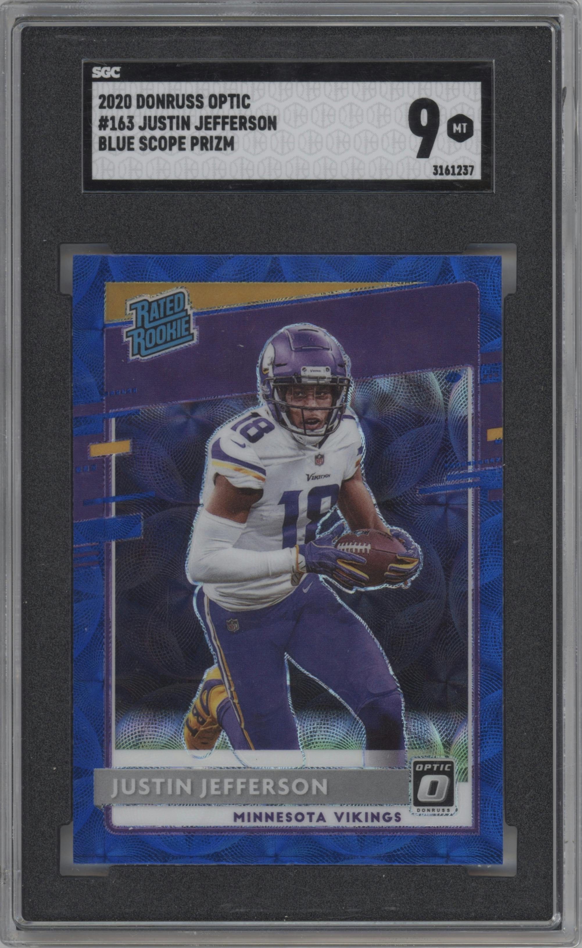 Justin Jefferson from the 2020 Panini Donruss Optic set featuring a Blue Scope parallel graded by SGC and given an overall grade of 9.