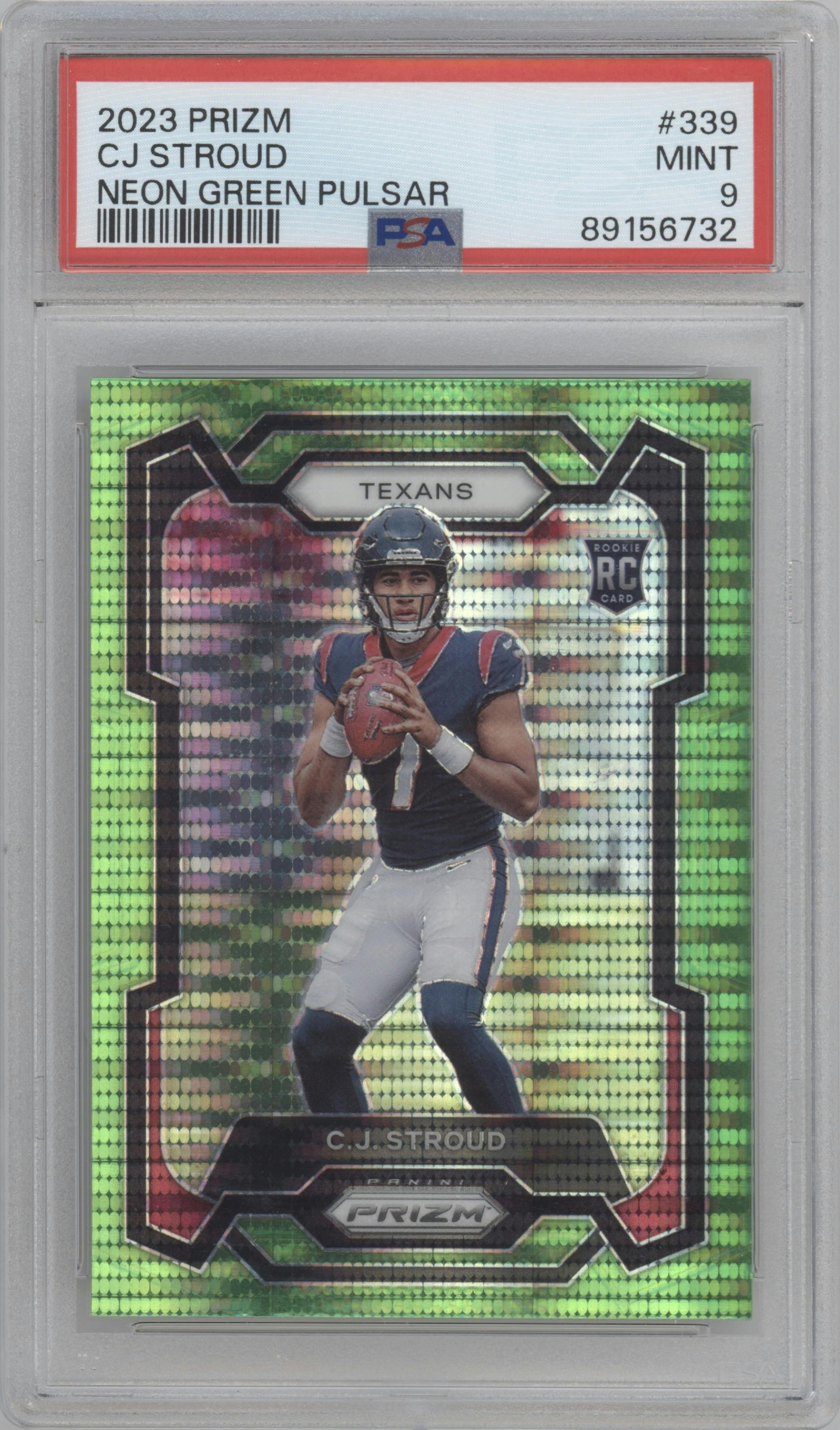 C.J. Stroud from the 2023 Panini Prizm set featuring a Neon Green Pulsar parallel graded by PSA and given an overall grade of 9.