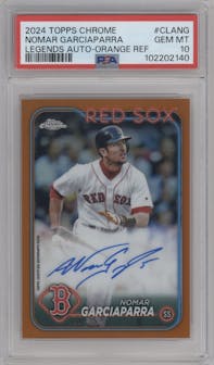 Nomar Garciaparra from the 2024 Topps Chrome set featuring a Orange Refractor parallel graded by PSA and given an overall grade of 10.