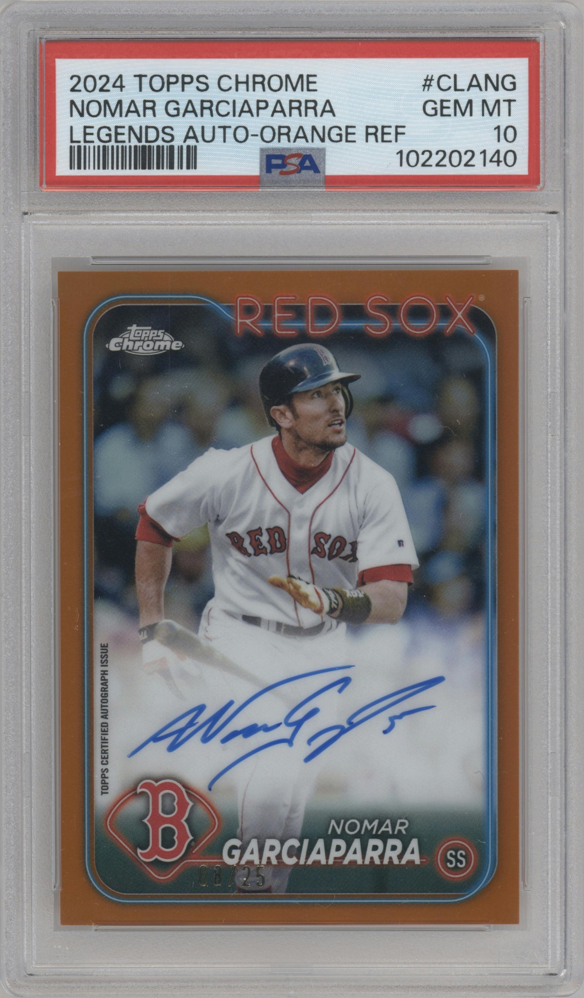 Nomar Garciaparra from the 2024 Topps Chrome set featuring a Orange Refractor parallel graded by PSA and given an overall grade of 10.