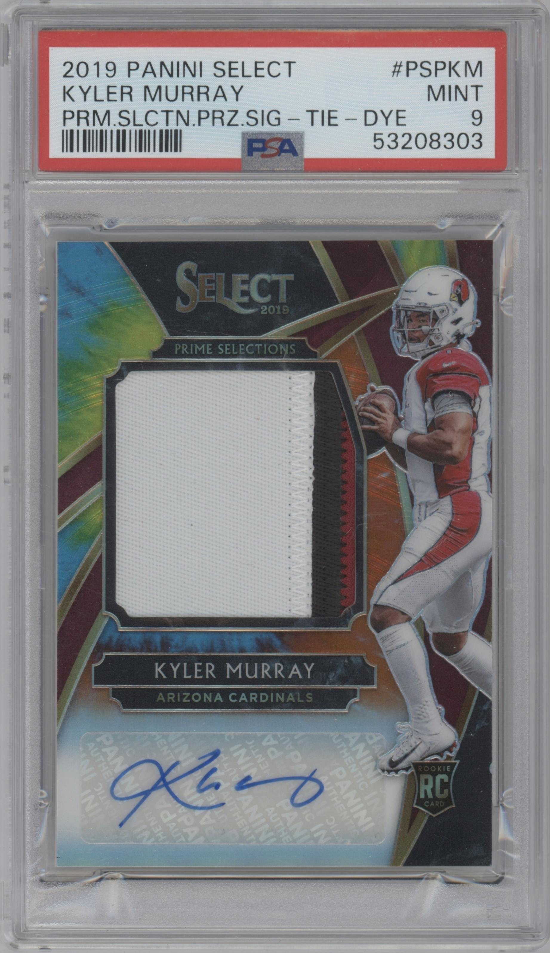 Kyler Murray from the 2019 Panini Select  set featuring a Tie-Dye Prizm parallel graded by PSA and given an overall grade of 9.