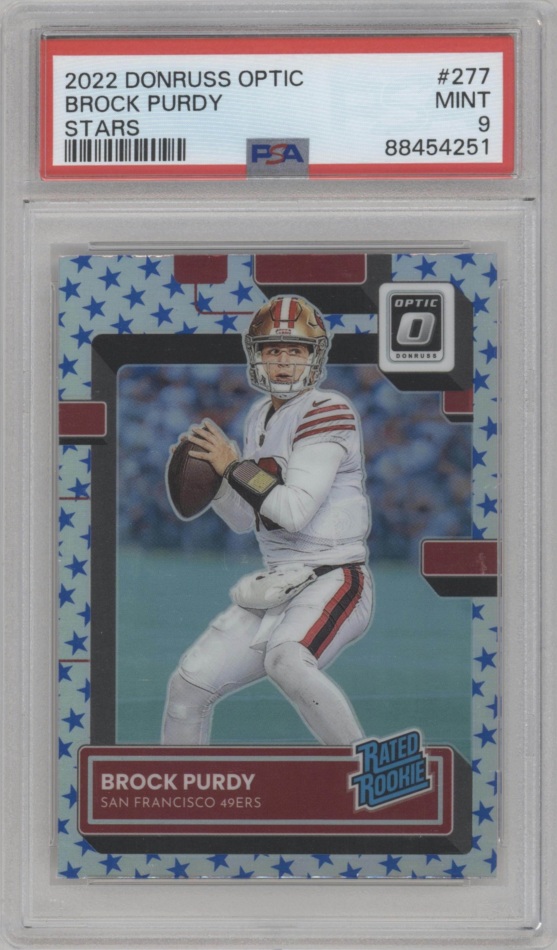 Brock Purdy from the 2022 Panini Donruss Optic set featuring a Stars parallel graded by PSA and given an overall grade of 9.