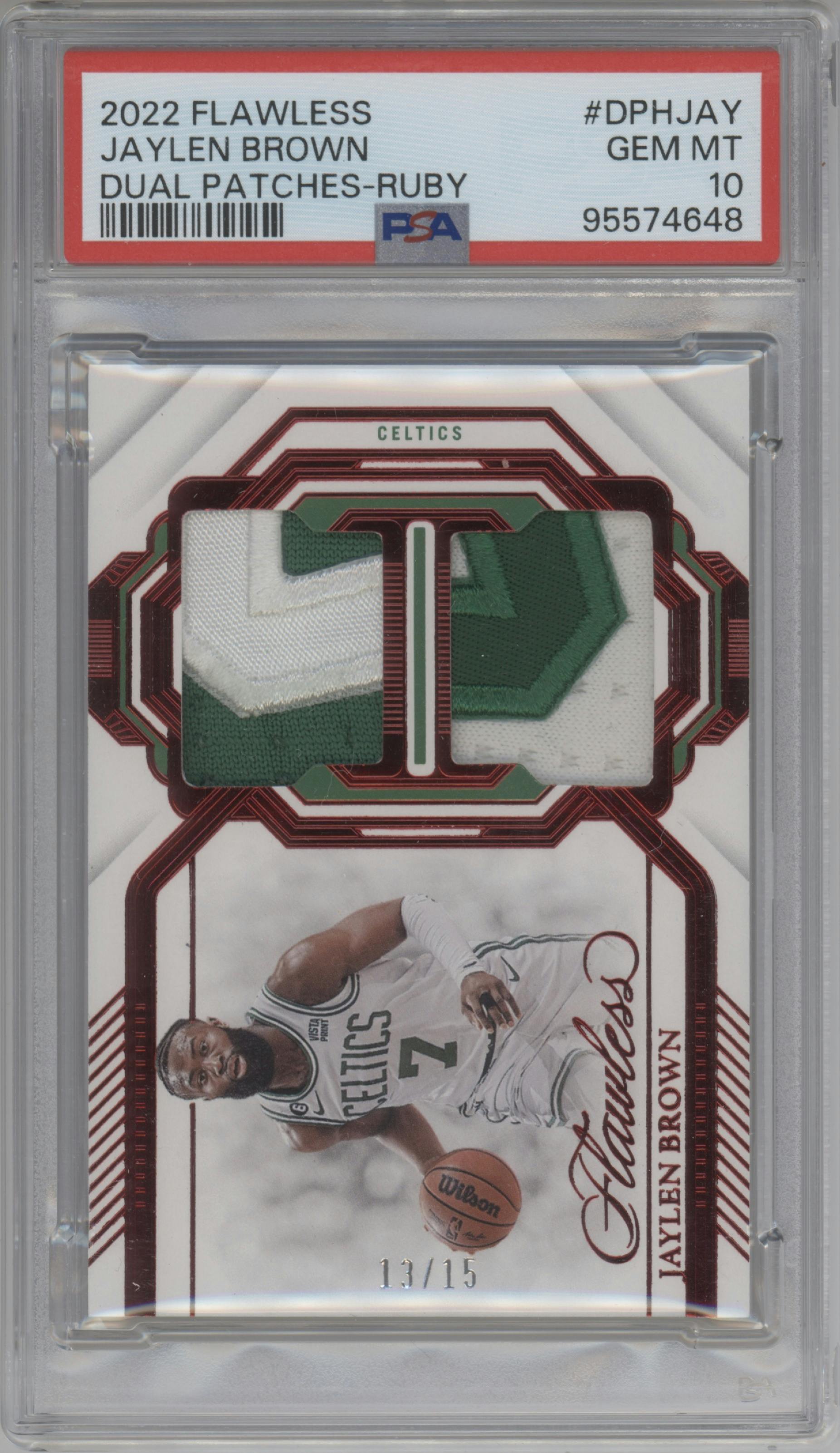 Jaylen Brown  from the 2022-23 Panini Flawless set featuring a Ruby parallel graded by PSA and given an overall grade of 10.