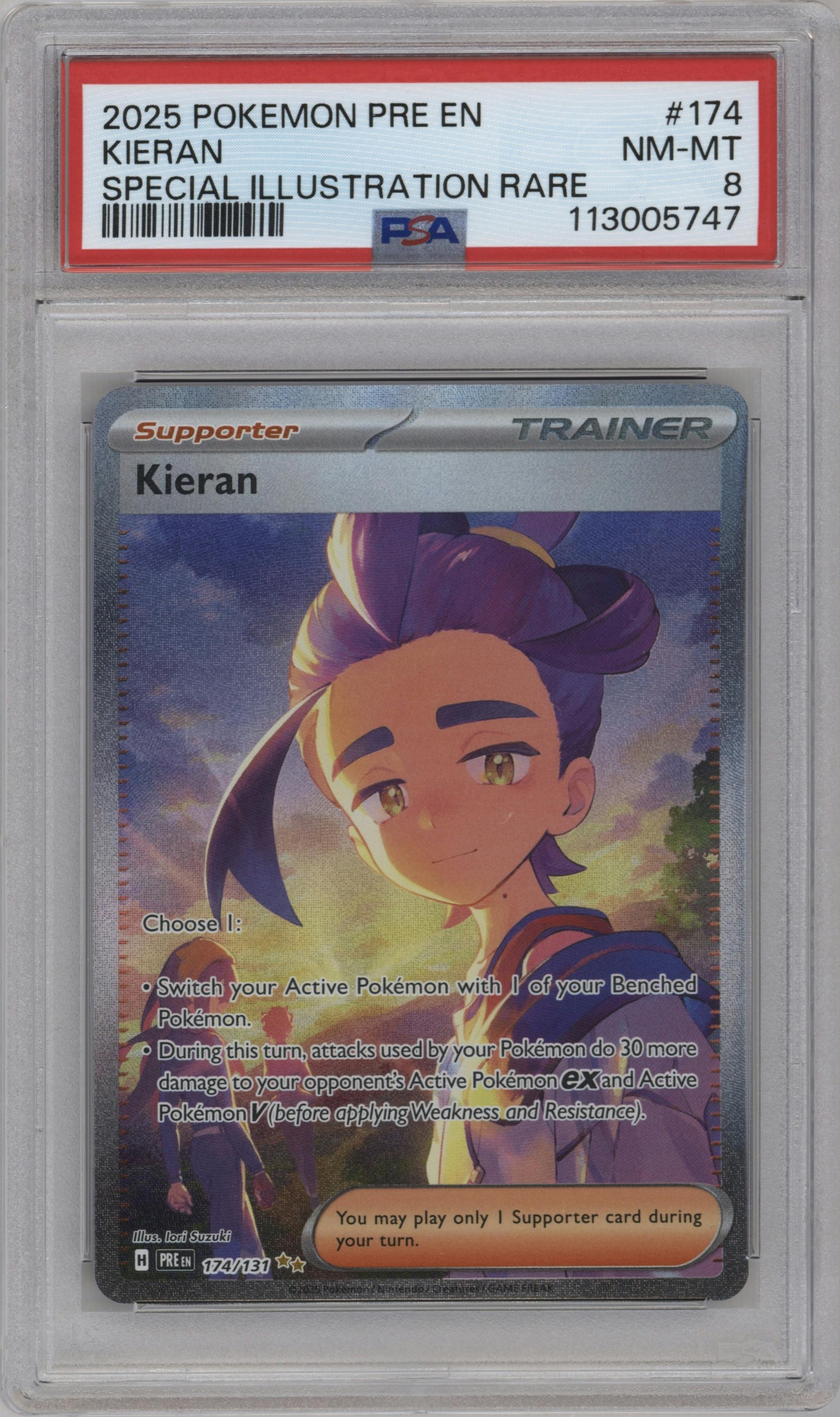 Kieran from the 2025 Pokemon SV set graded by PSA and given an overall grade of 8.