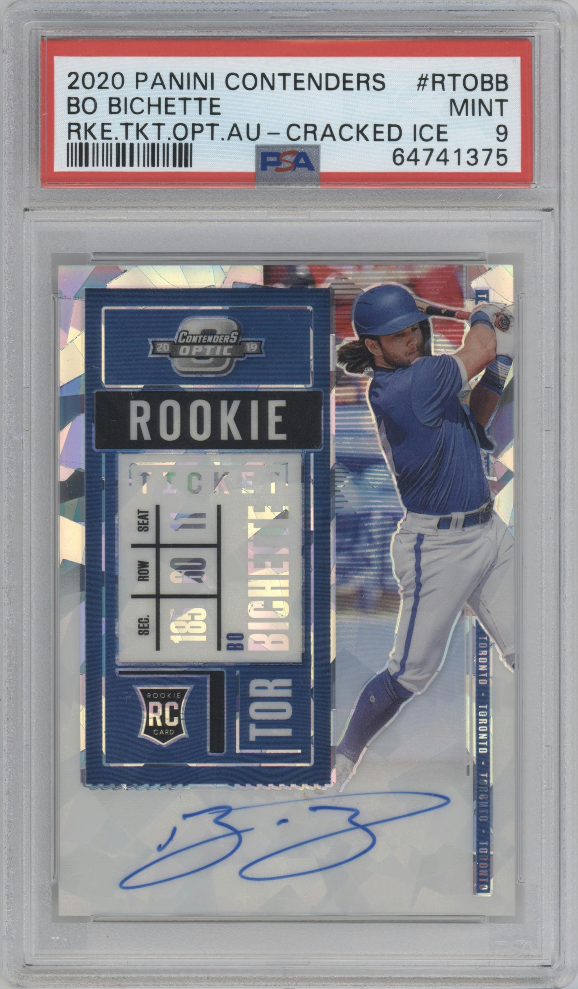Bo Bichette from the 2020 Panini Contenders set featuring a Cracked Ice parallel graded by PSA and given an overall grade of 9.