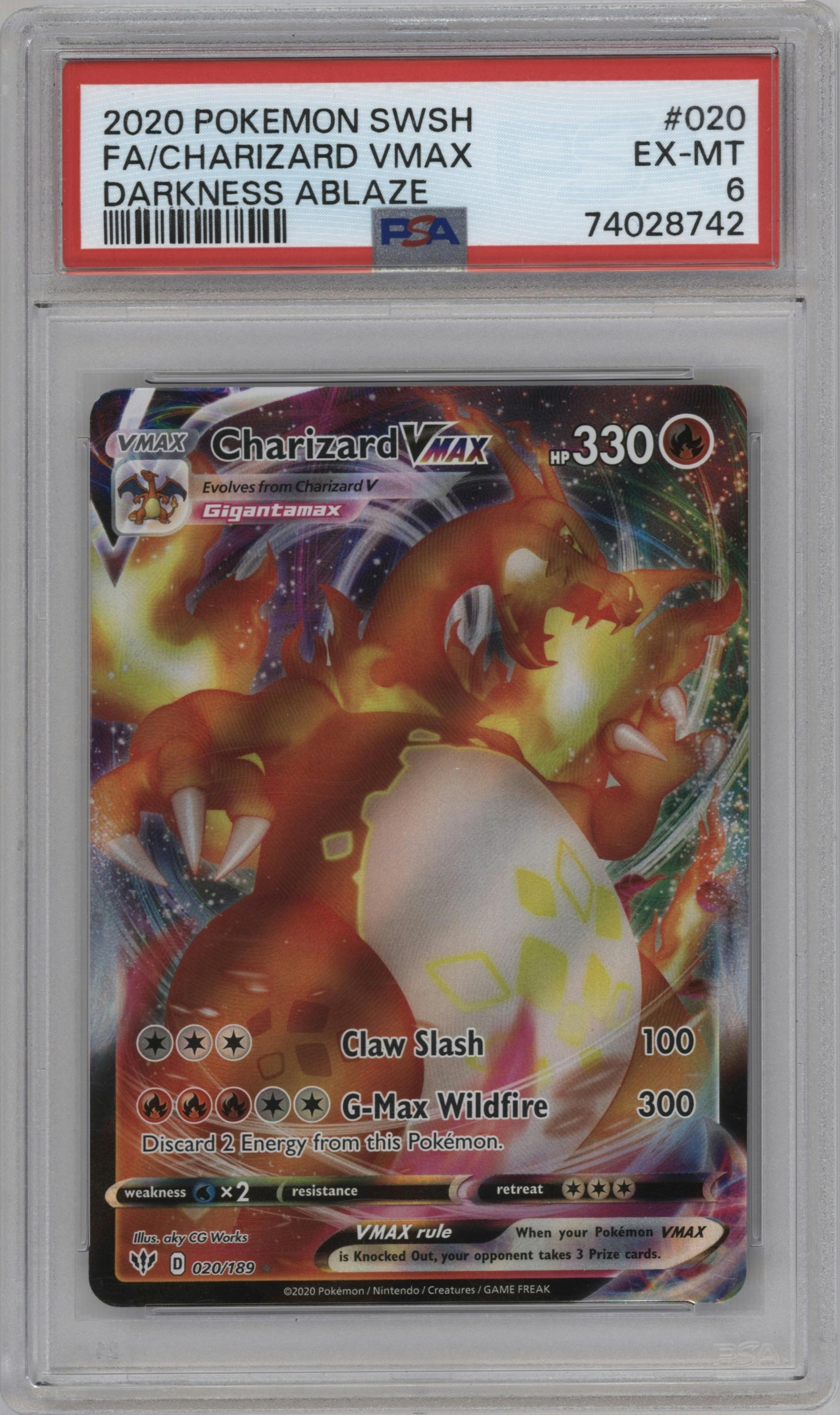 Charizard VMAX from the 2020 Pokemon SWSH set graded by PSA and given an overall grade of 6.