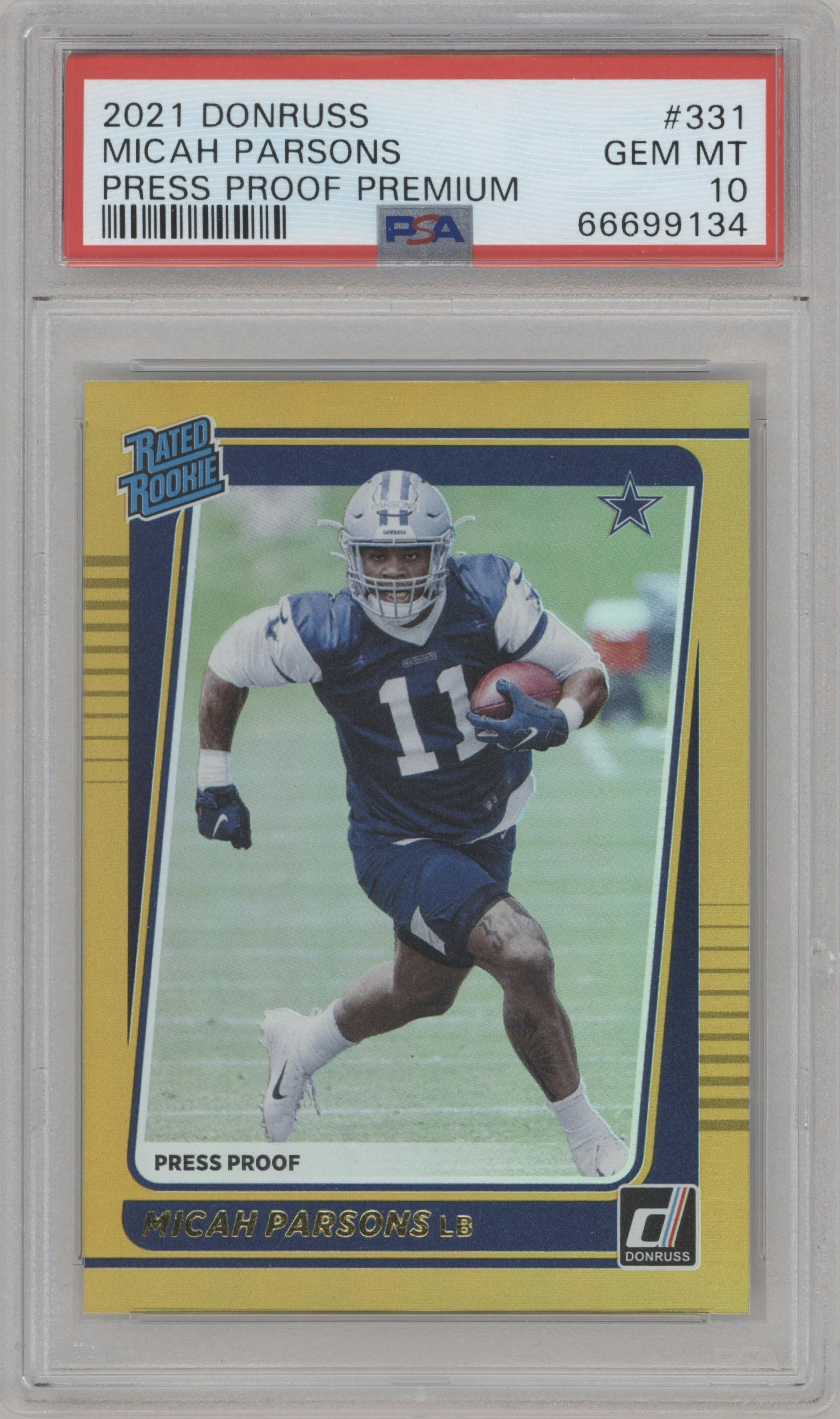 Micah Parsons from the 2021 Panini Donruss set featuring a Press Proof Premium parallel graded by PSA and given an overall grade of 10.