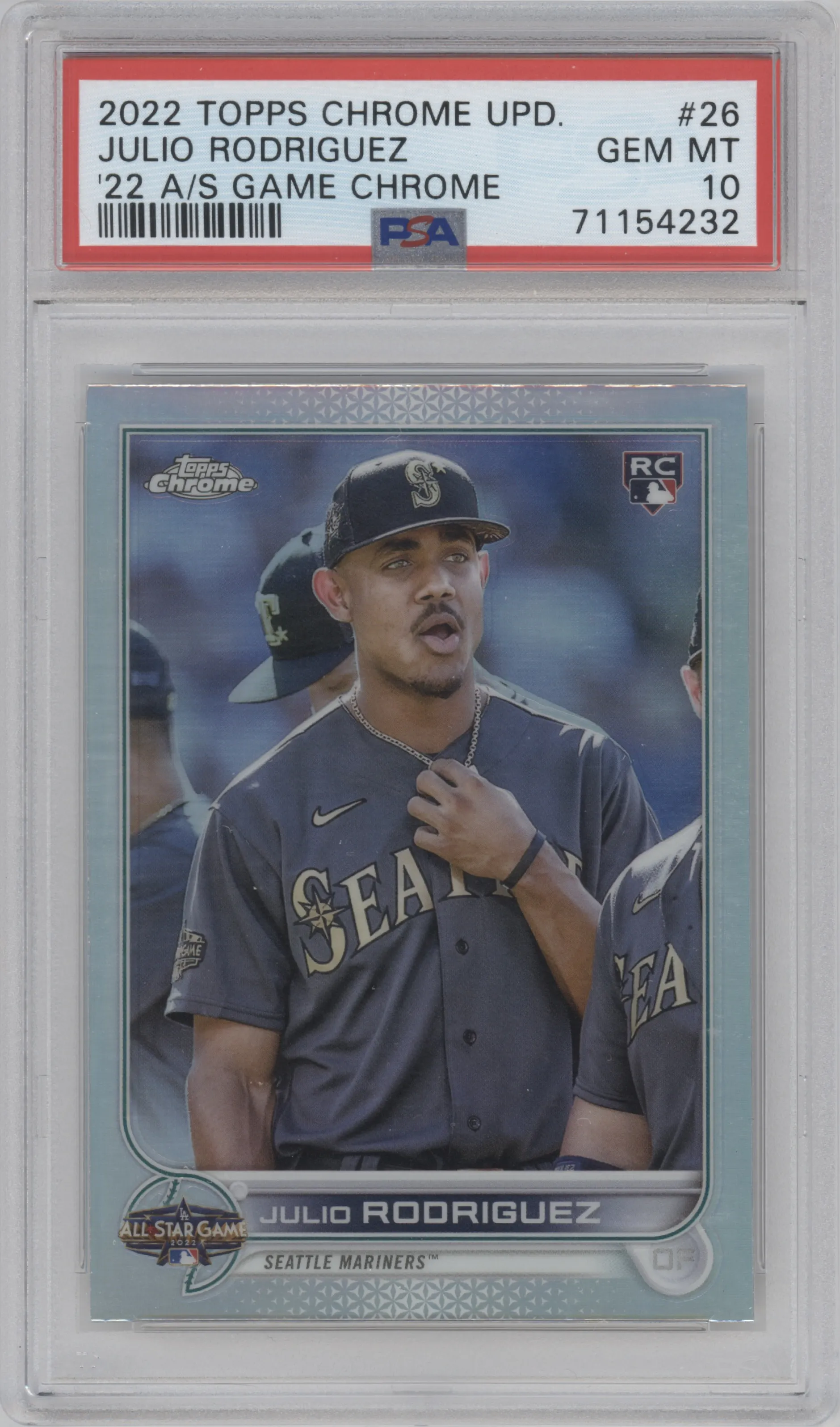 Julio Rodriguez from the 2022 Topps Chrome Update set graded by PSA and given an overall grade of 10.