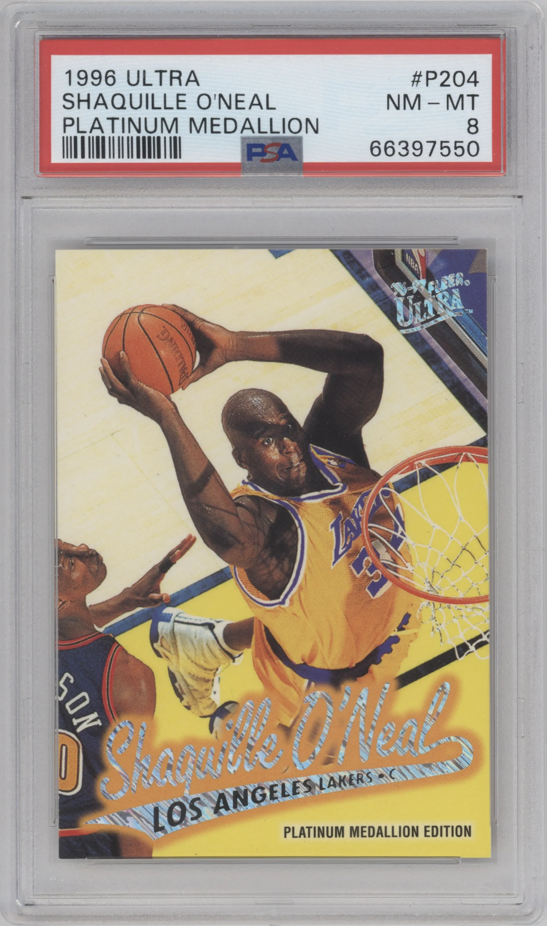 Shaquille O'Neal from the 1996-97 Fleer Ultra set featuring a Platinum Medallion parallel graded by PSA and given an overall grade of 8.