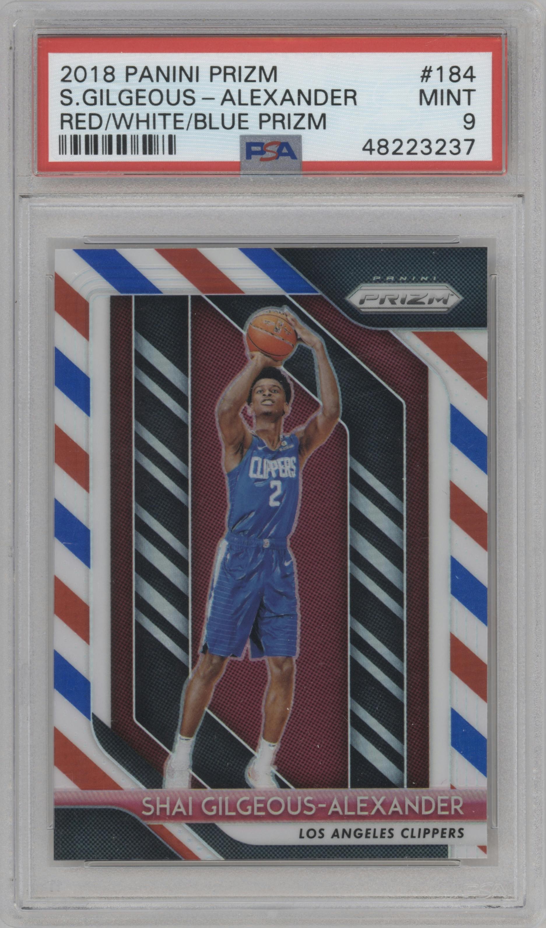 Shai Gilgeous-Alexander from the 2018-19 Panini Prizm set featuring a Red White Blue Prizm parallel graded by PSA and given an overall grade of 9.