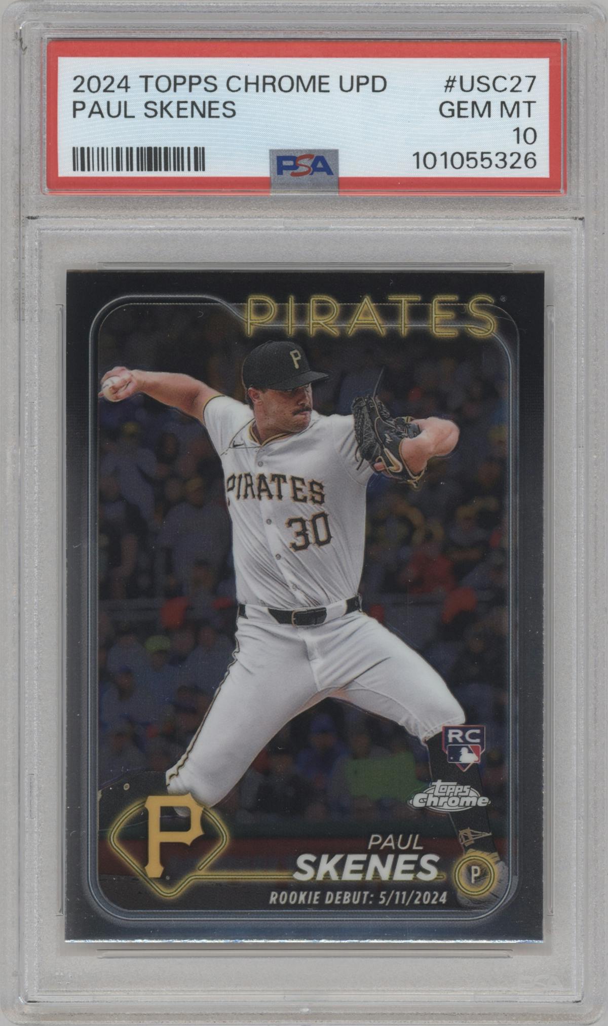 Paul Skenes from the 2024 Topps Chrome Update set graded by PSA and given an overall grade of 10.