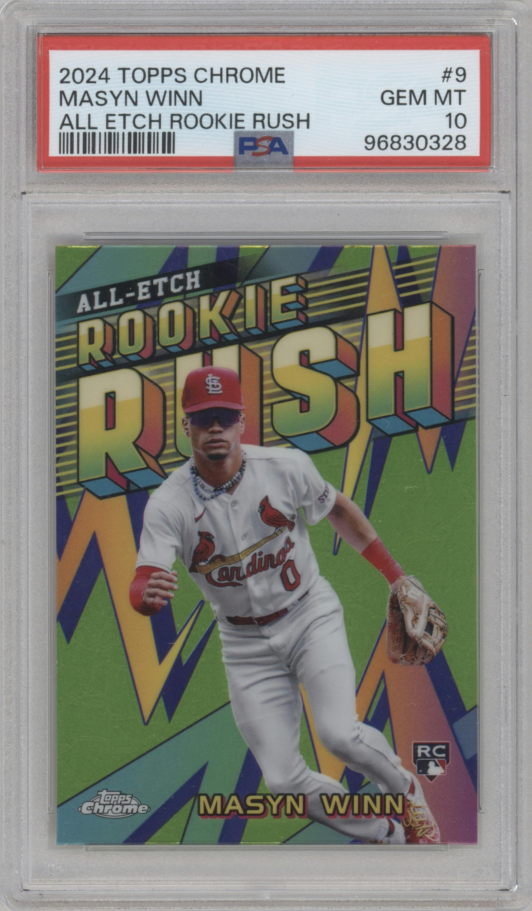 Masyn Winn  from the 2024 Topps Chrome set graded by PSA and given an overall grade of 10.
