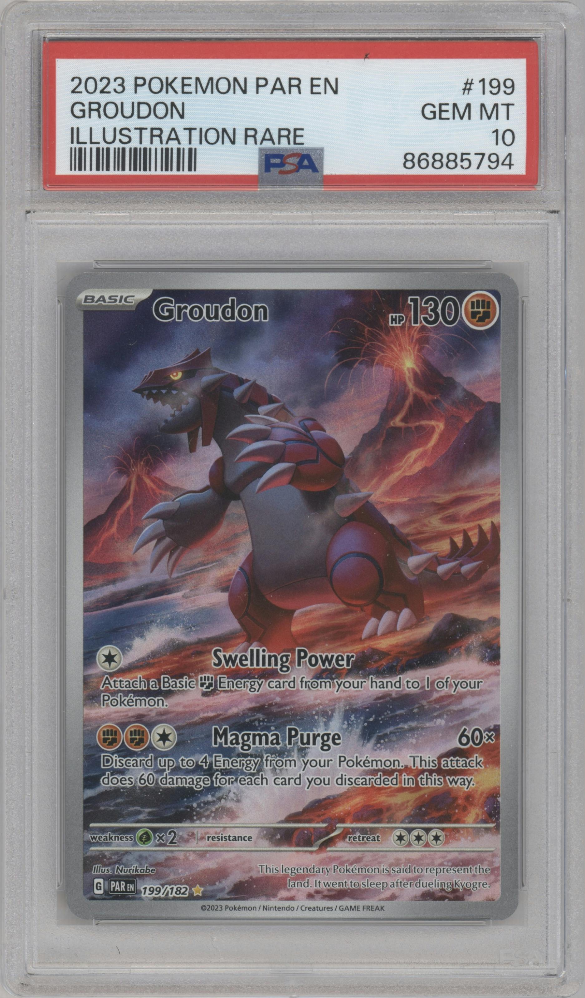Groudon from the 2023 Pokemon SV set graded by PSA and given an overall grade of 10.