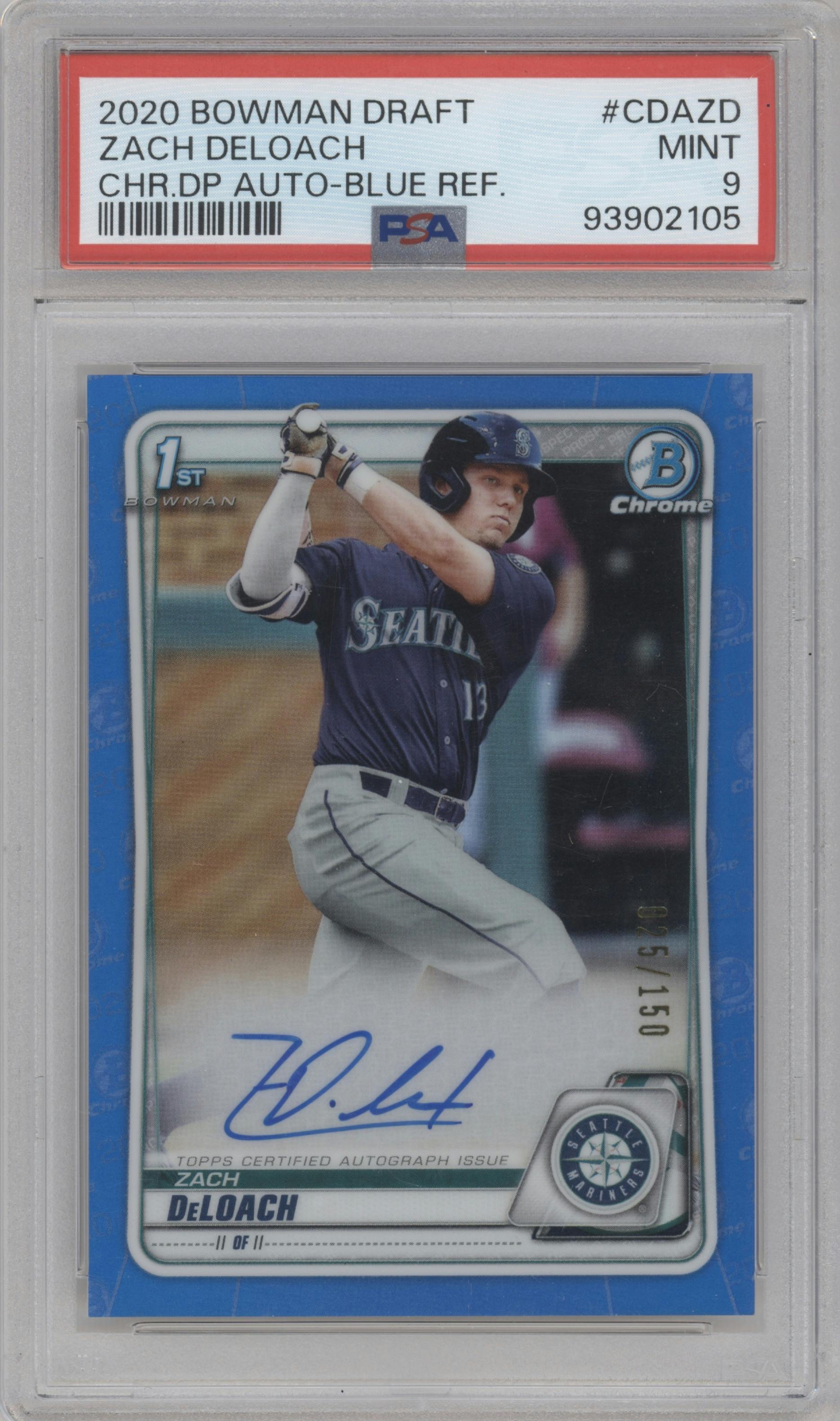 Zach DeLoach from the 2020 Bowman Draft set featuring a Blue Refractor parallel graded by PSA and given an overall grade of 9.